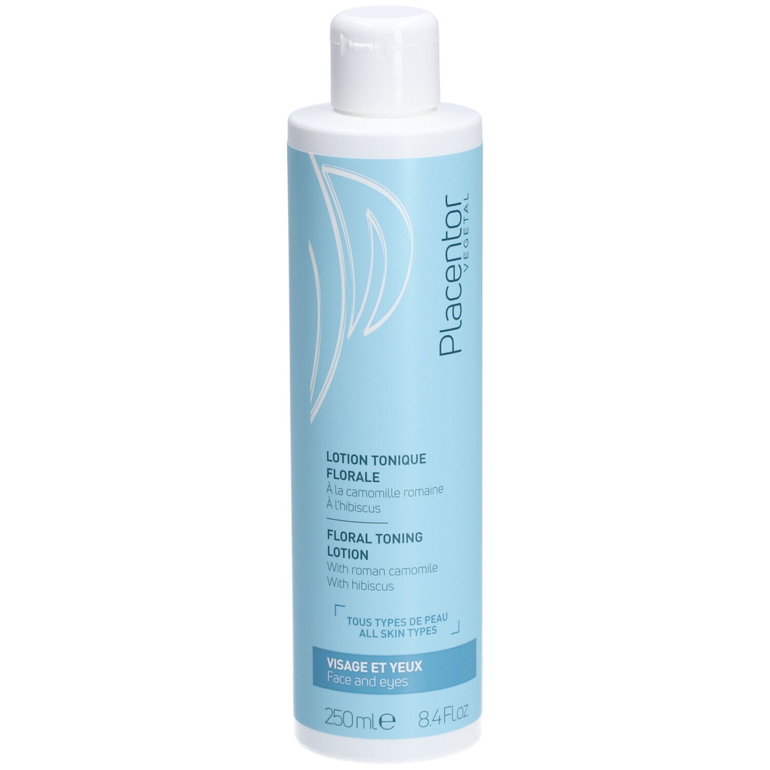 Flacon de lotion bleu clair, bouchon blanc. Texte: Placentor, Lotion Tonique Florale, 250ml, Visage et Yeux.
