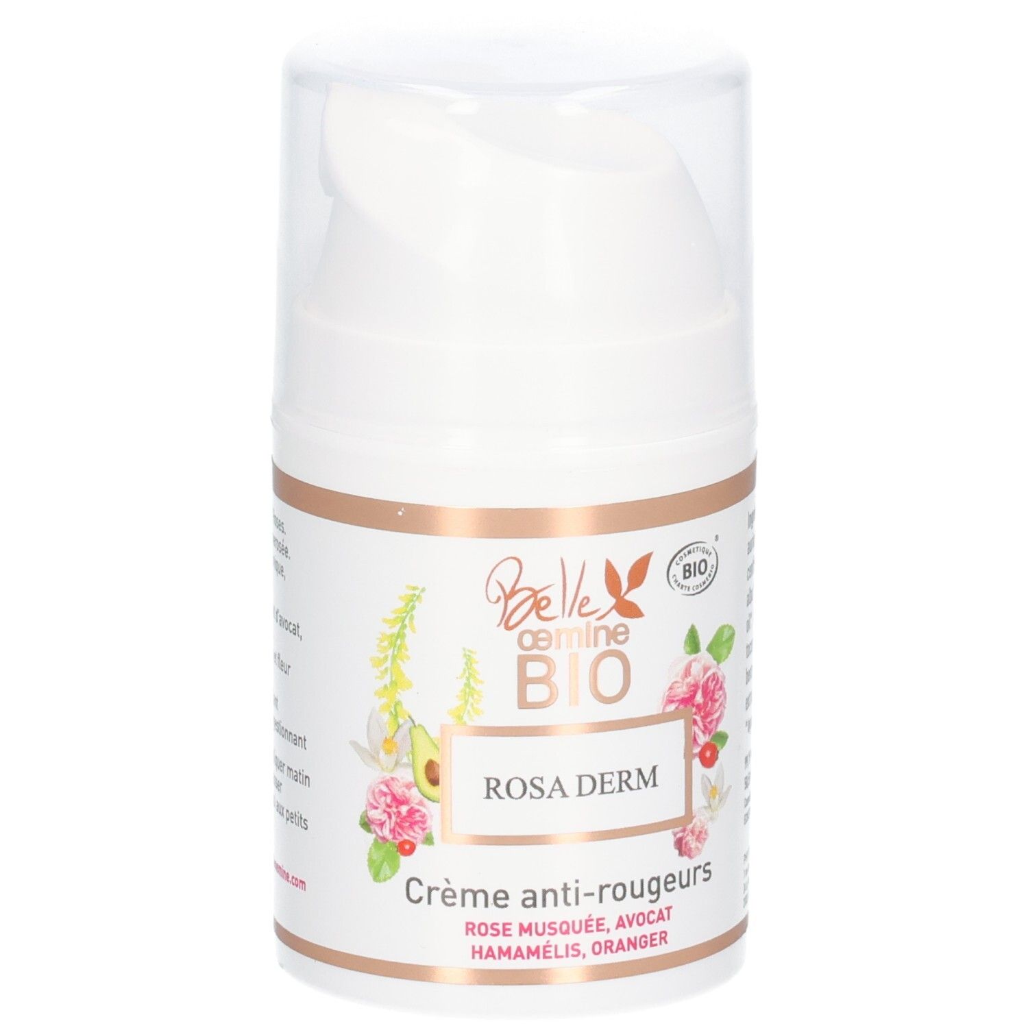 Weiße Pumpspender-Flasche mit Etikett: Belle
oemine BIO ROSA DERM, Crème anti-rougeurs.
