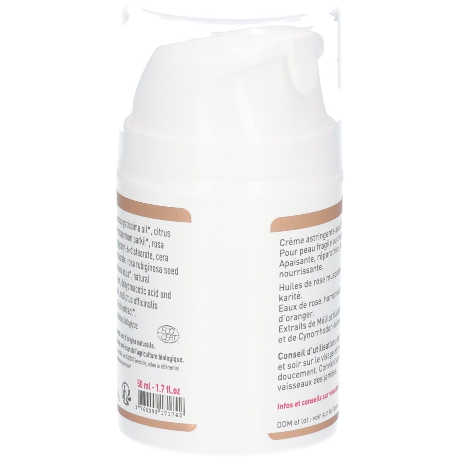Seite einer Pumpspender-Flasche mit Etikett, das Inhaltsstoffe, BIO-Zertifizierung und Größe (50 ml) zeigt.