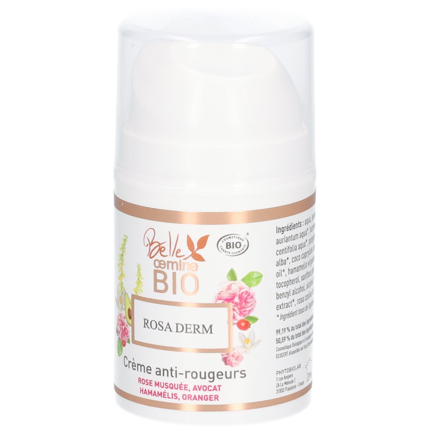 Weiße Pumpspender-Flasche mit Etikett: Belle
oemine BIO ROSA DERM, Crème anti-rougeurs.