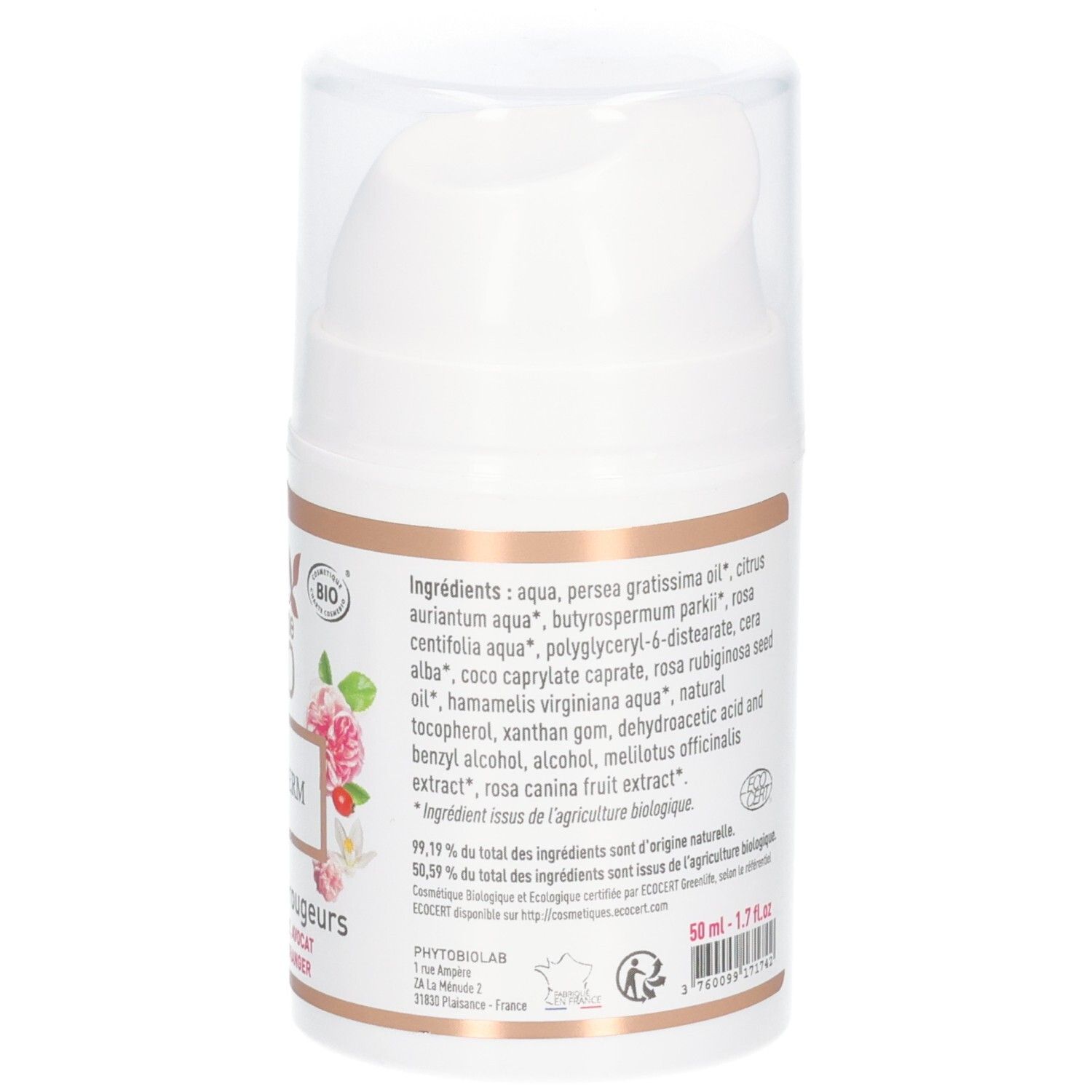 Seite einer Pumpspender-Flasche mit Etikett, das Inhaltsstoffe, BIO-Zertifizierung und Größe (50 ml) zeigt.