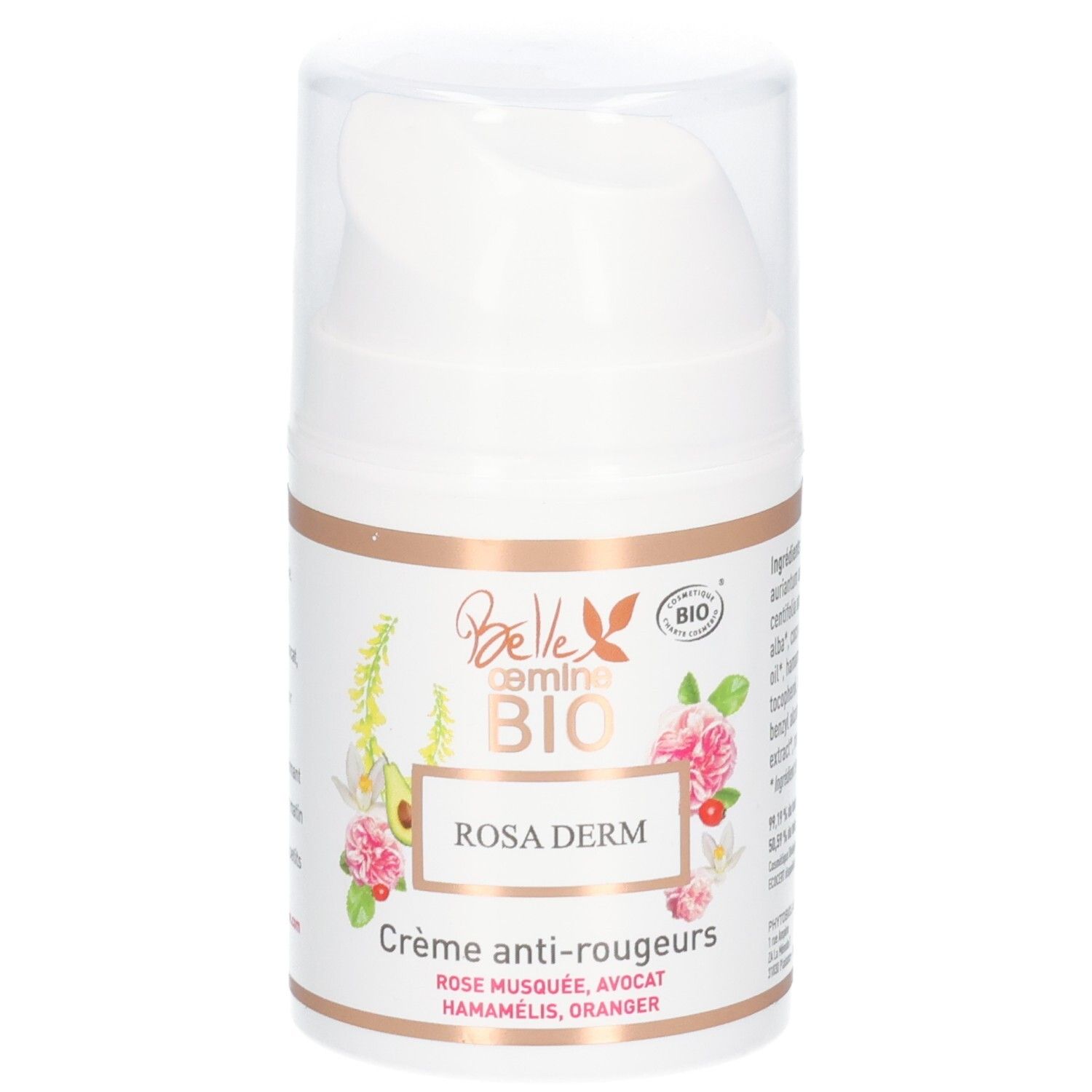 Weiße Pumpspender-Flasche mit Etikett: Belle
oemine BIO ROSA DERM, Crème anti-rougeurs.