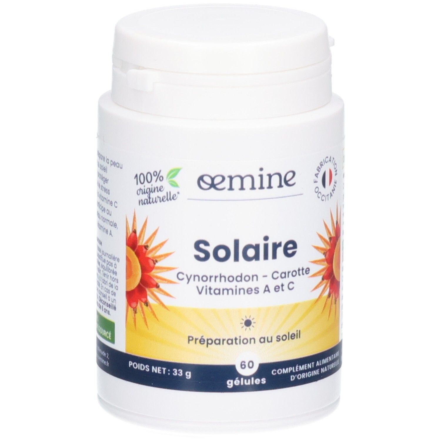 Weiße Dose mit OEMINE SOLAIRE Kapseln, enthält 60 Kapseln.