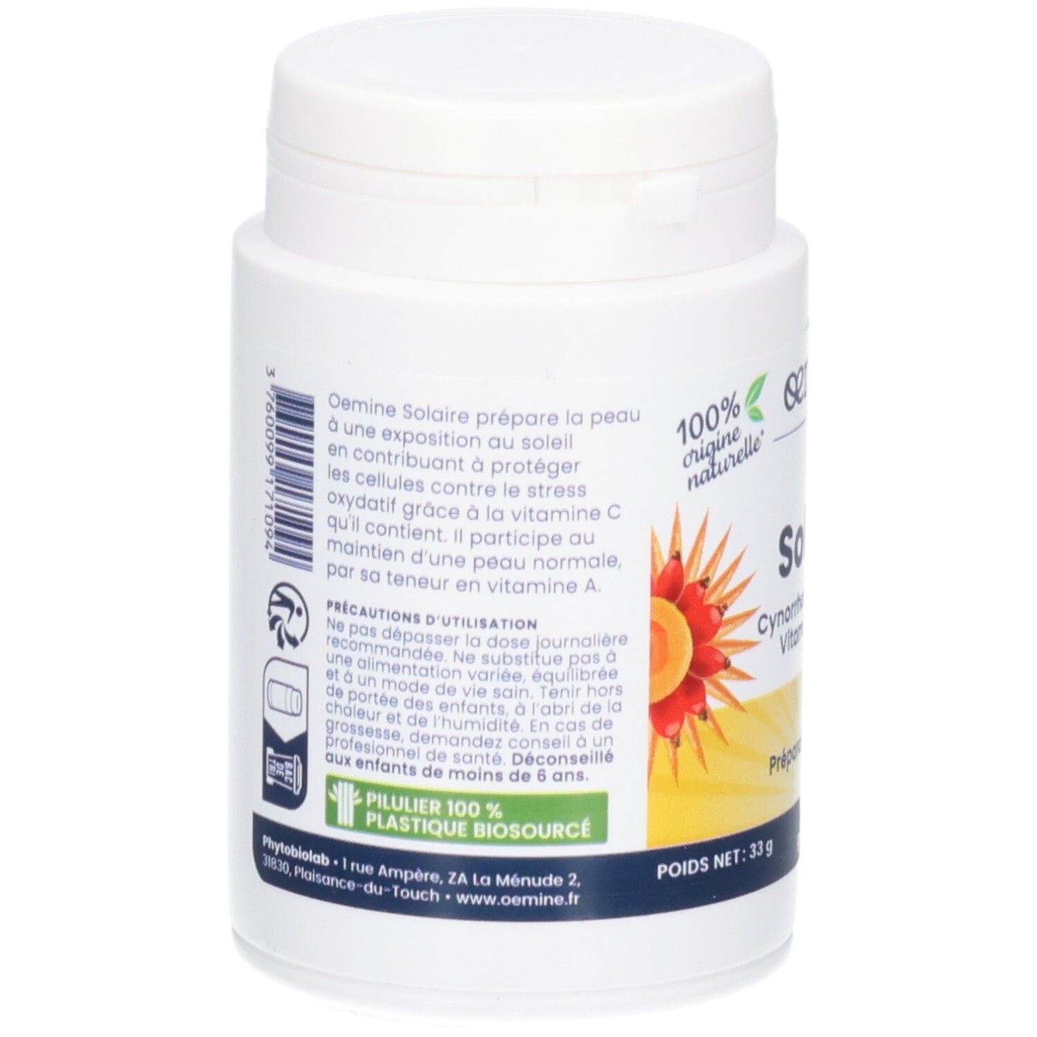 Rückseite einer weißen Dose mit OEMINE SOLAIRE Kapseln, mit Produktinformationen.