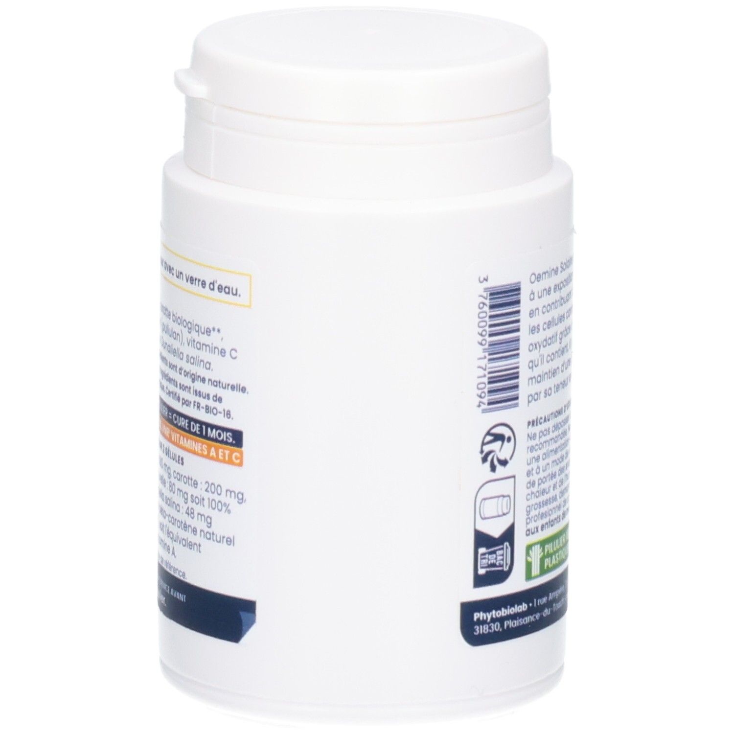 Seite einer weißen Dose mit OEMINE SOLAIRE Kapseln, mit Produktinformationen.