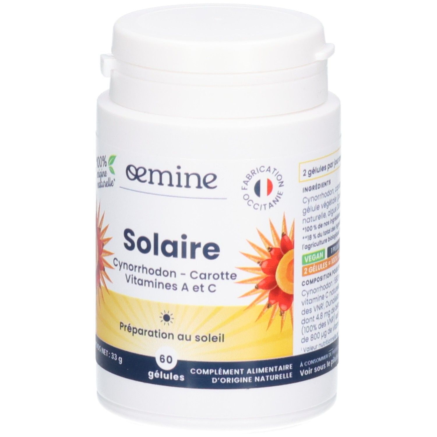 Vorderseite einer weißen Dose mit OEMINE SOLAIRE Kapseln, mit Zutatenliste.