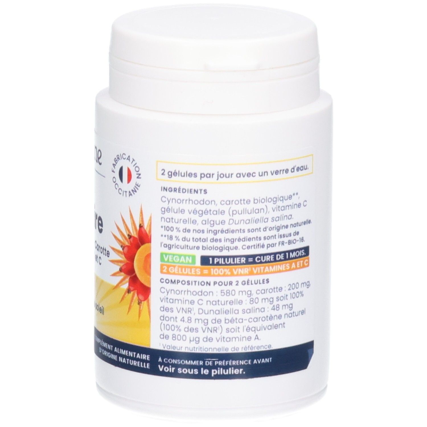 Rückseite einer weißen Dose mit OEMINE SOLAIRE Kapseln, mit Zutaten und Dosierung.
