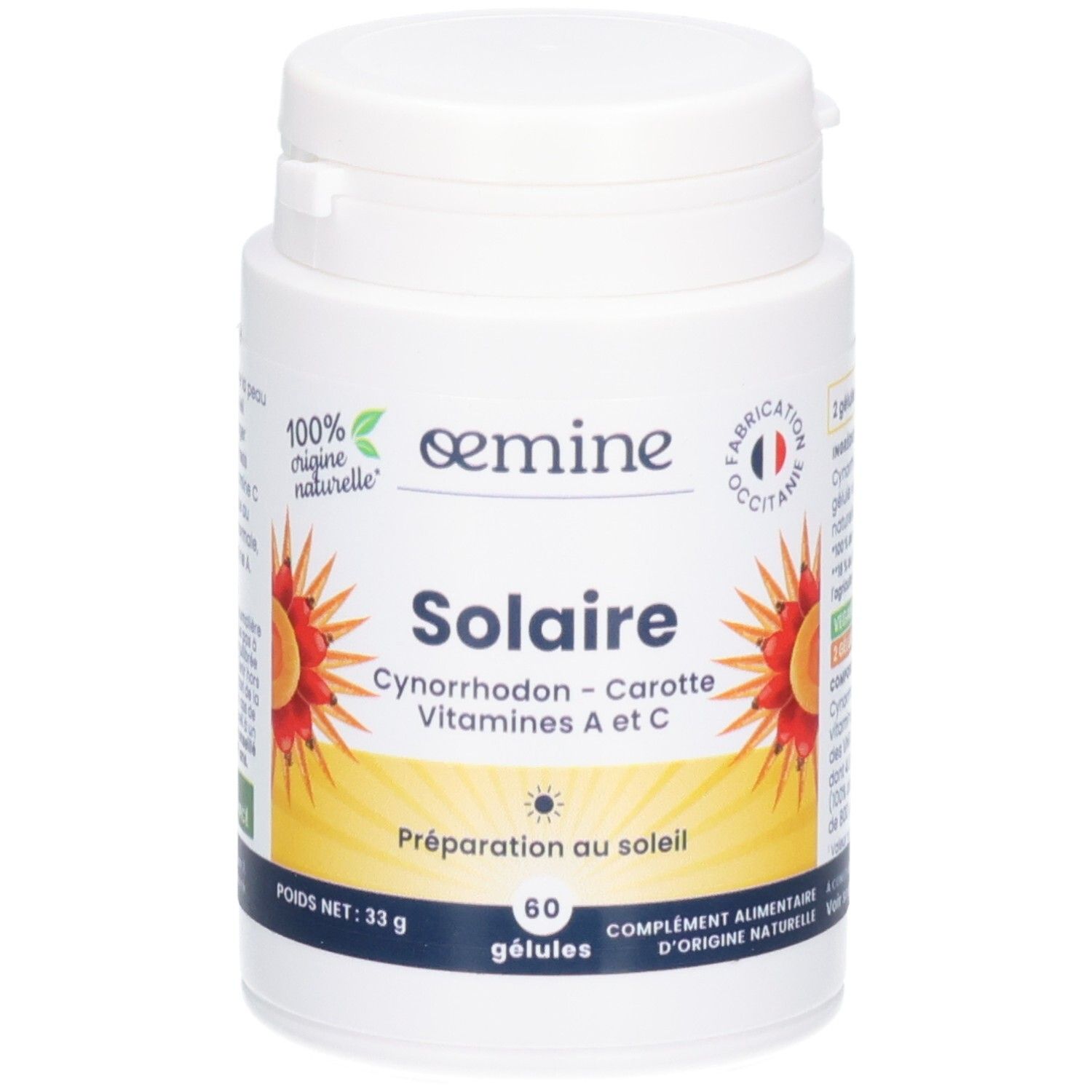 Vorderseite einer weißen Dose mit OEMINE SOLAIRE Kapseln, mit Sonnenmotiv.