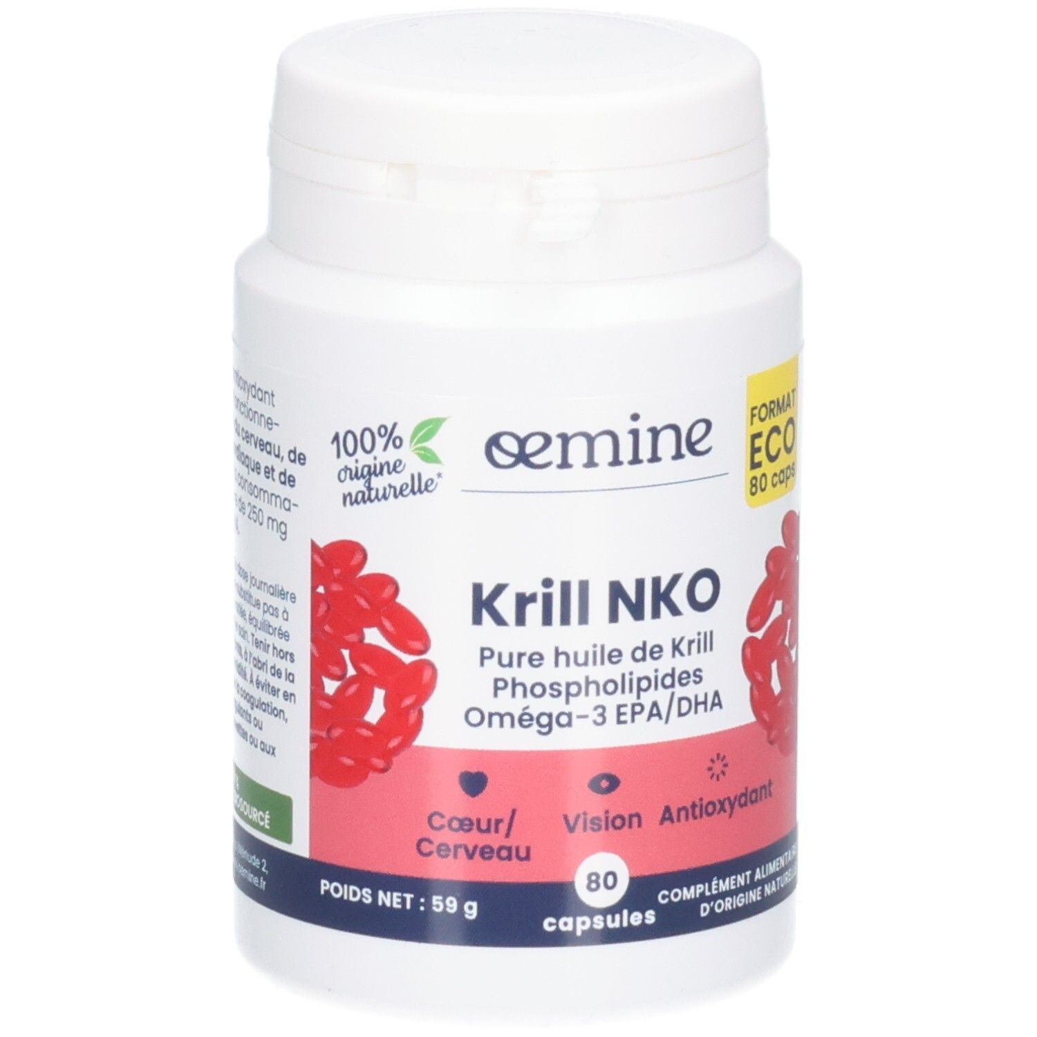 Weiße Dose mit 80 Kapseln Krillöl, Omega-3 EPA/DHA. Natürlicher Ursprung.