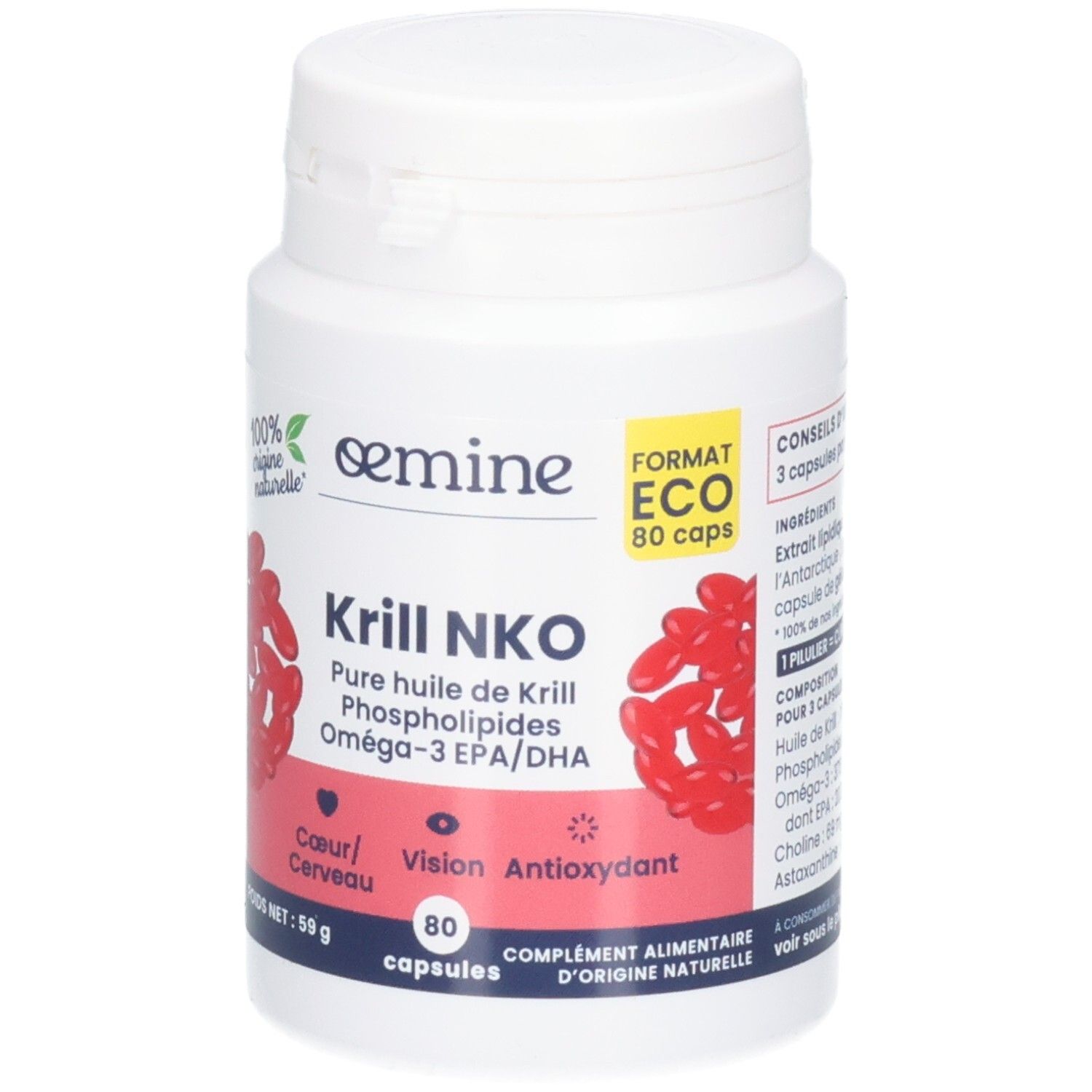 Weiße Dose mit 80 Kapseln Krillöl, Omega-3 EPA/DHA. Natürlicher Ursprung. Für Herz, Gehirn, Sehkraft.