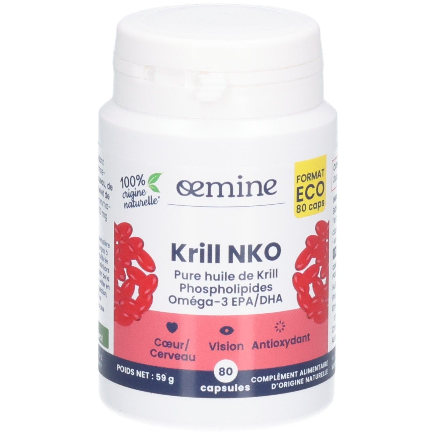 Weiße Dose mit 80 Kapseln Krillöl, Omega-3 EPA/DHA. Natürlicher Ursprung. Für Herz, Gehirn, Sehkraft.