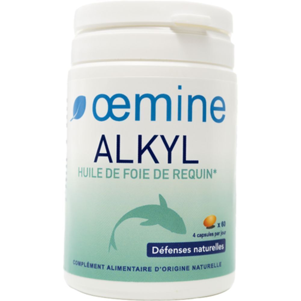 Weiße Dose mit Oemine Alkyl Haifischleberöl-Kapseln, 60 Stück.