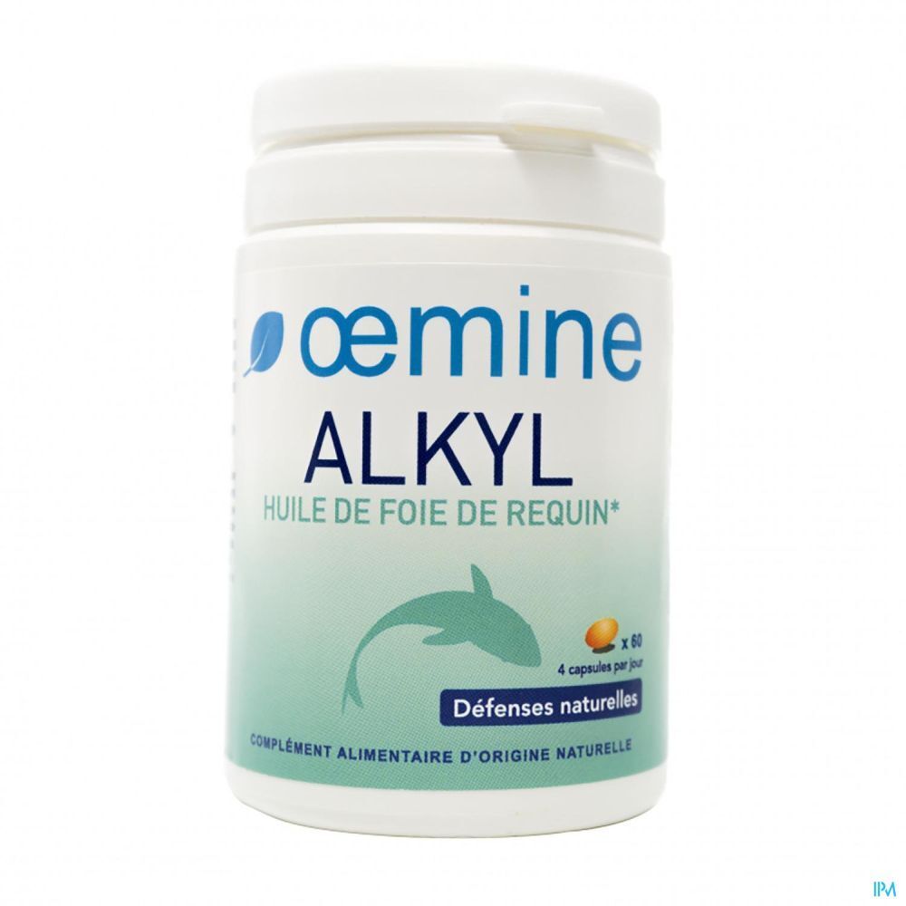 Weiße Dose mit Oemine Alkyl Haifischleberöl-Kapseln, 60 Stück.