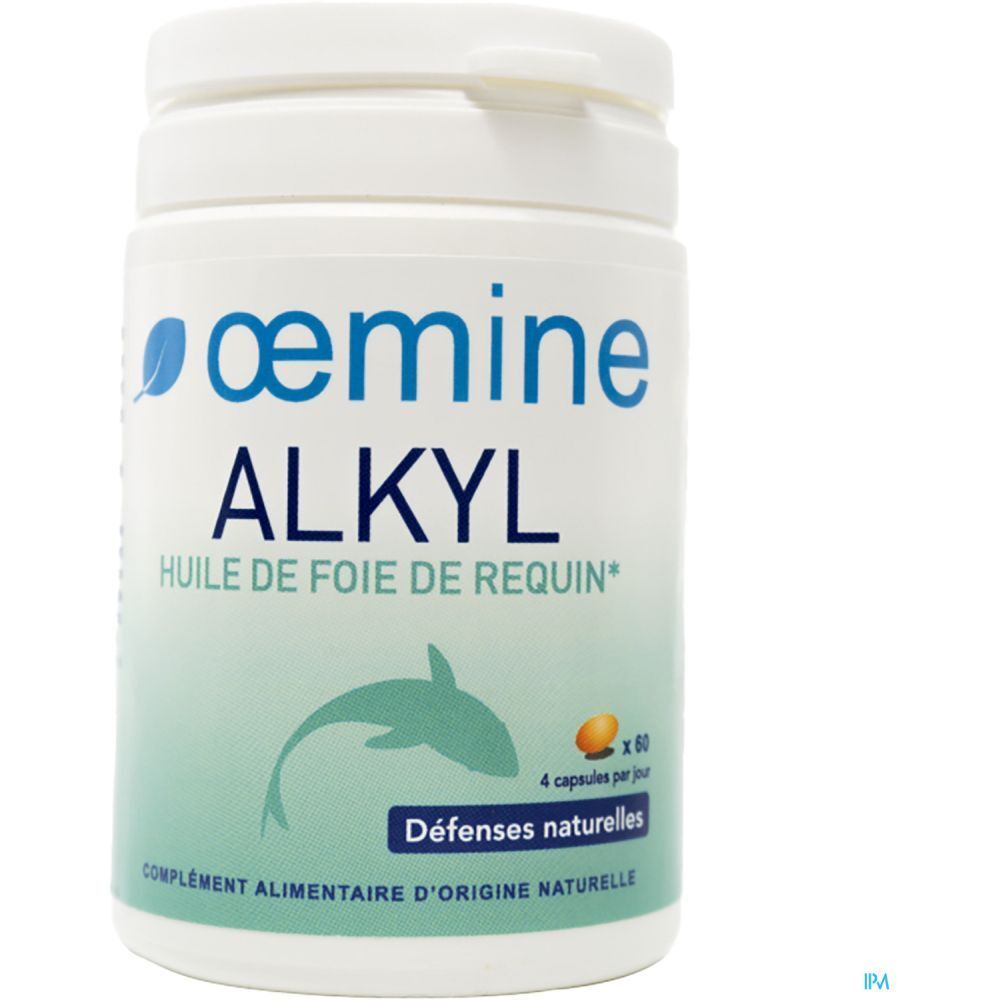 Weiße Dose mit Oemine Alkyl Haifischleberöl-Kapseln, 60 Stück.