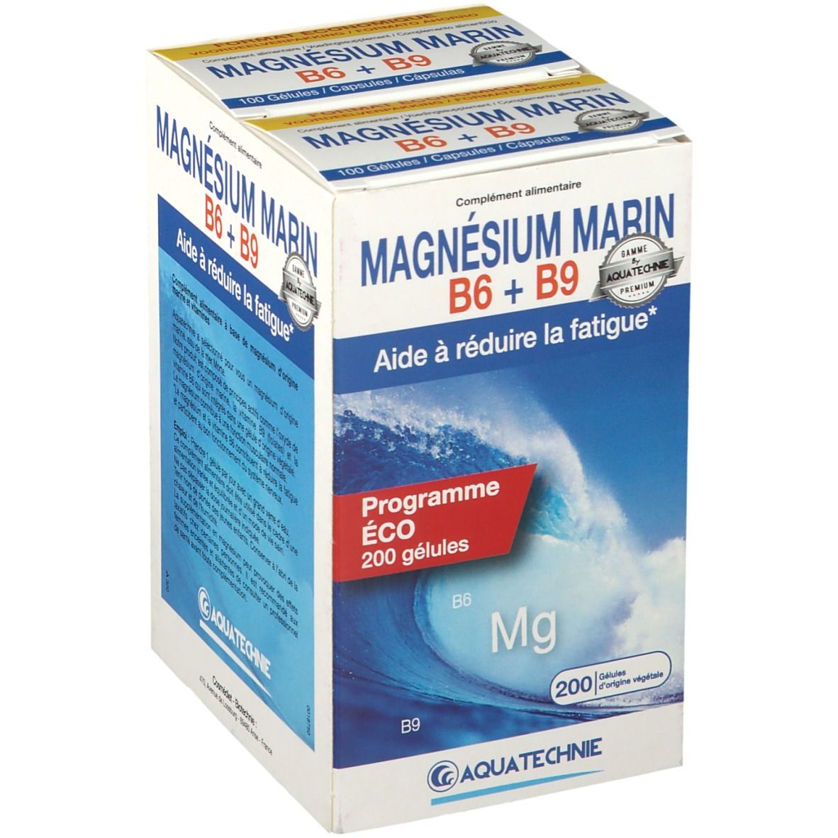 Verpackung von AQUATECHNIE Marine Magnesium B6 + B9. Enthält 200 Kapseln. Aufschrift: "Aide à réduire la fatigue".