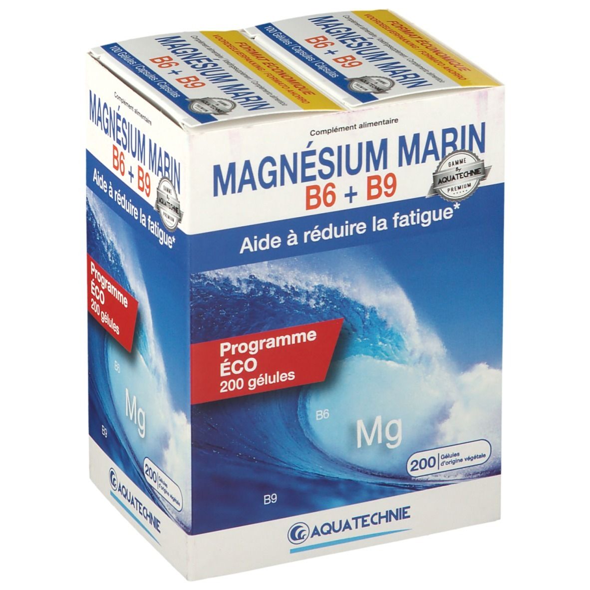 Verpackung von AQUATECHNIE Marine Magnesium B6 + B9. Enthält 200 Kapseln. Aufschrift: "Aide à réduire la fatigue".