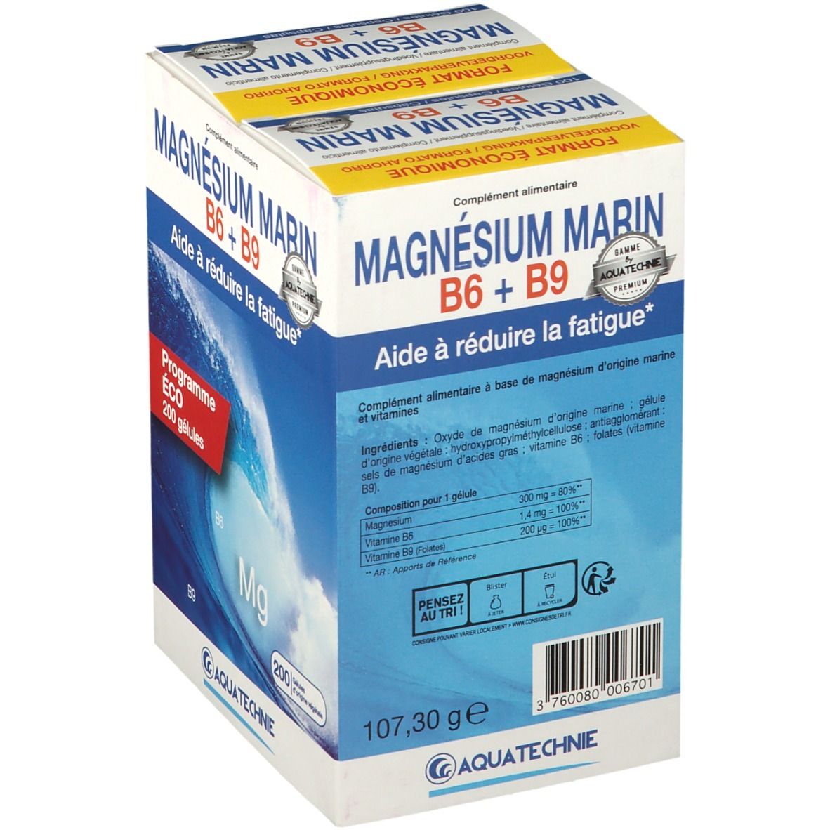 Verpackung von AQUATECHNIE Marine Magnesium B6 + B9. Enthält 200 Kapseln. Aufschrift: "Aide à réduire la fatigue".