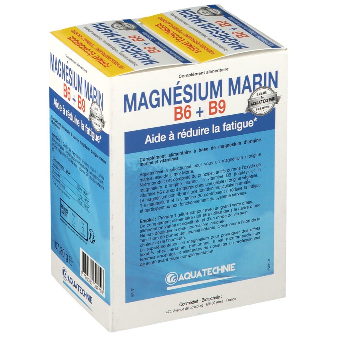 Verpackung von AQUATECHNIE Marine Magnesium B6 + B9. Enthält 200 Kapseln. Aufschrift: "Aide à réduire la fatigue".