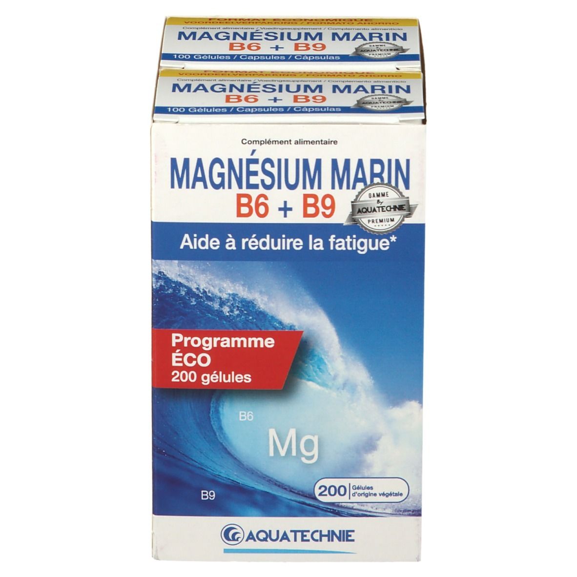 Verpackung von AQUATECHNIE Marine Magnesium B6 + B9. Enthält 200 Kapseln. Aufschrift: "Aide à réduire la fatigue".