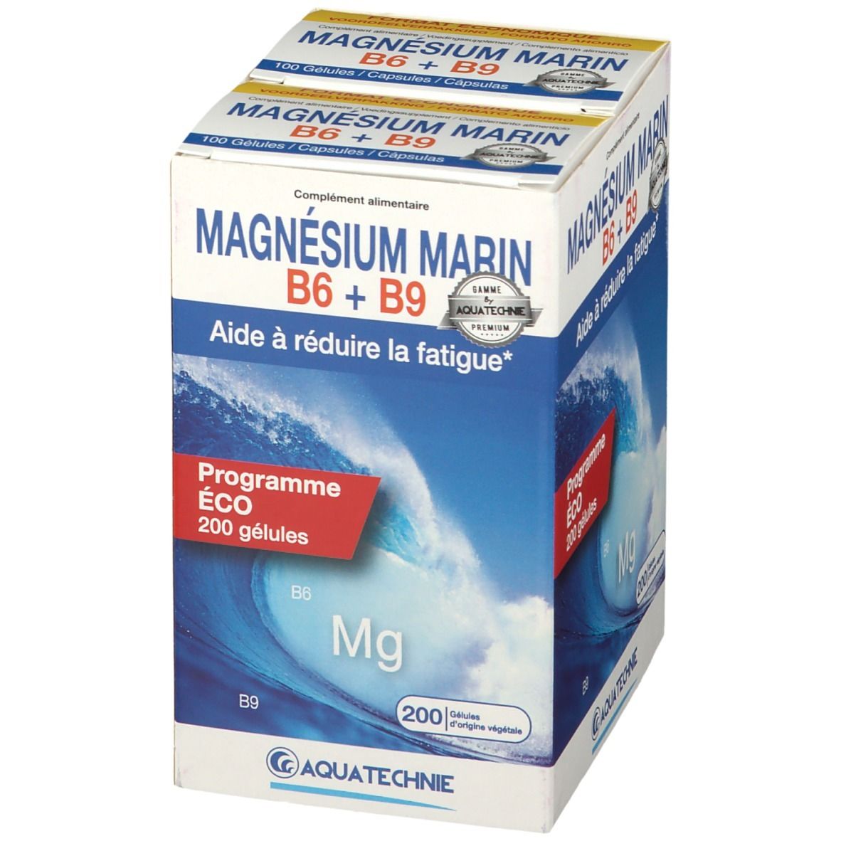 Verpackung von AQUATECHNIE Marine Magnesium B6 + B9. Enthält 200 Kapseln. Aufschrift: "Aide à réduire la fatigue".