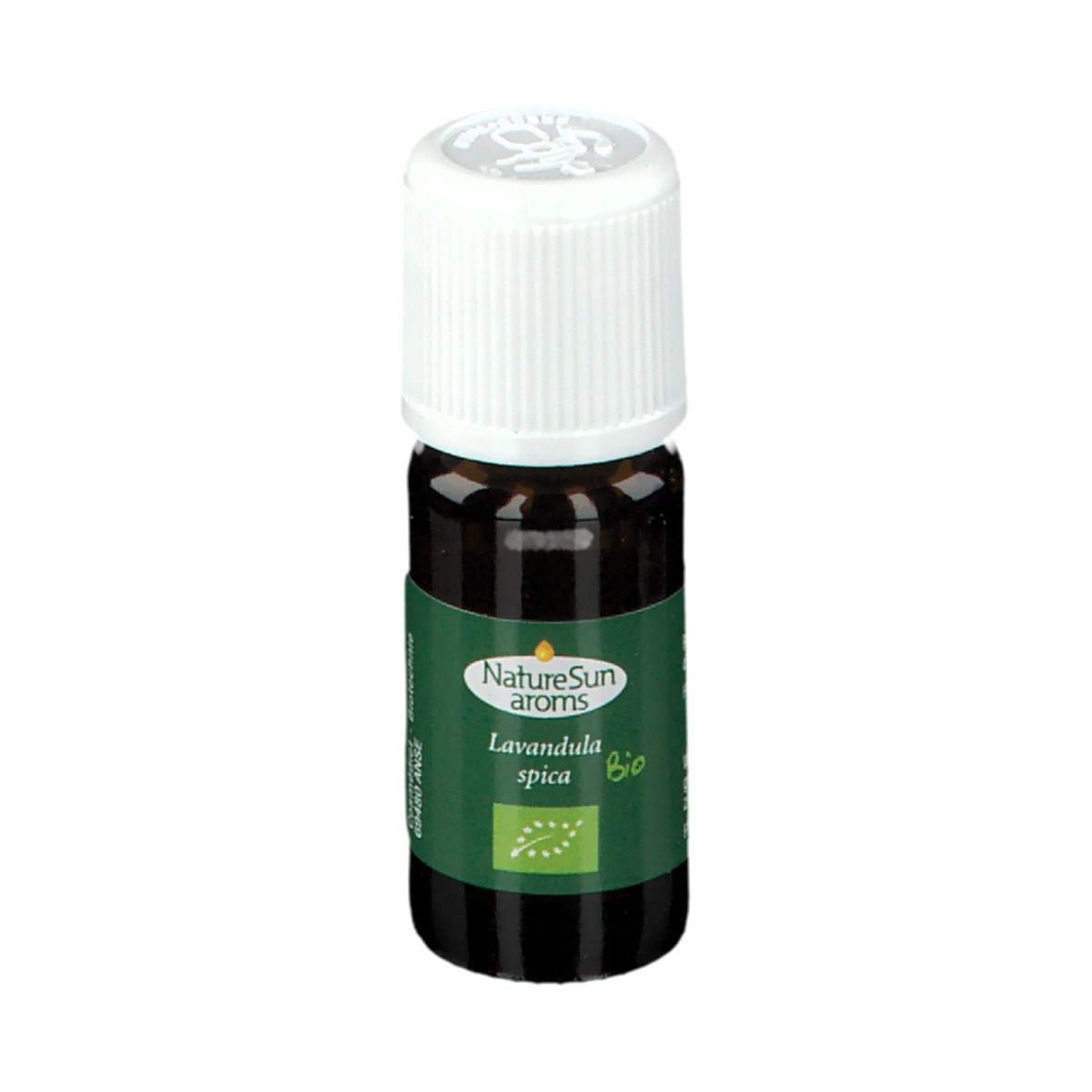 Flacon en verre brun avec bouchon blanc. Étiquette verte et blanche avec texte: NatureSun aroms, Lavandula spica Bio. Label bio.