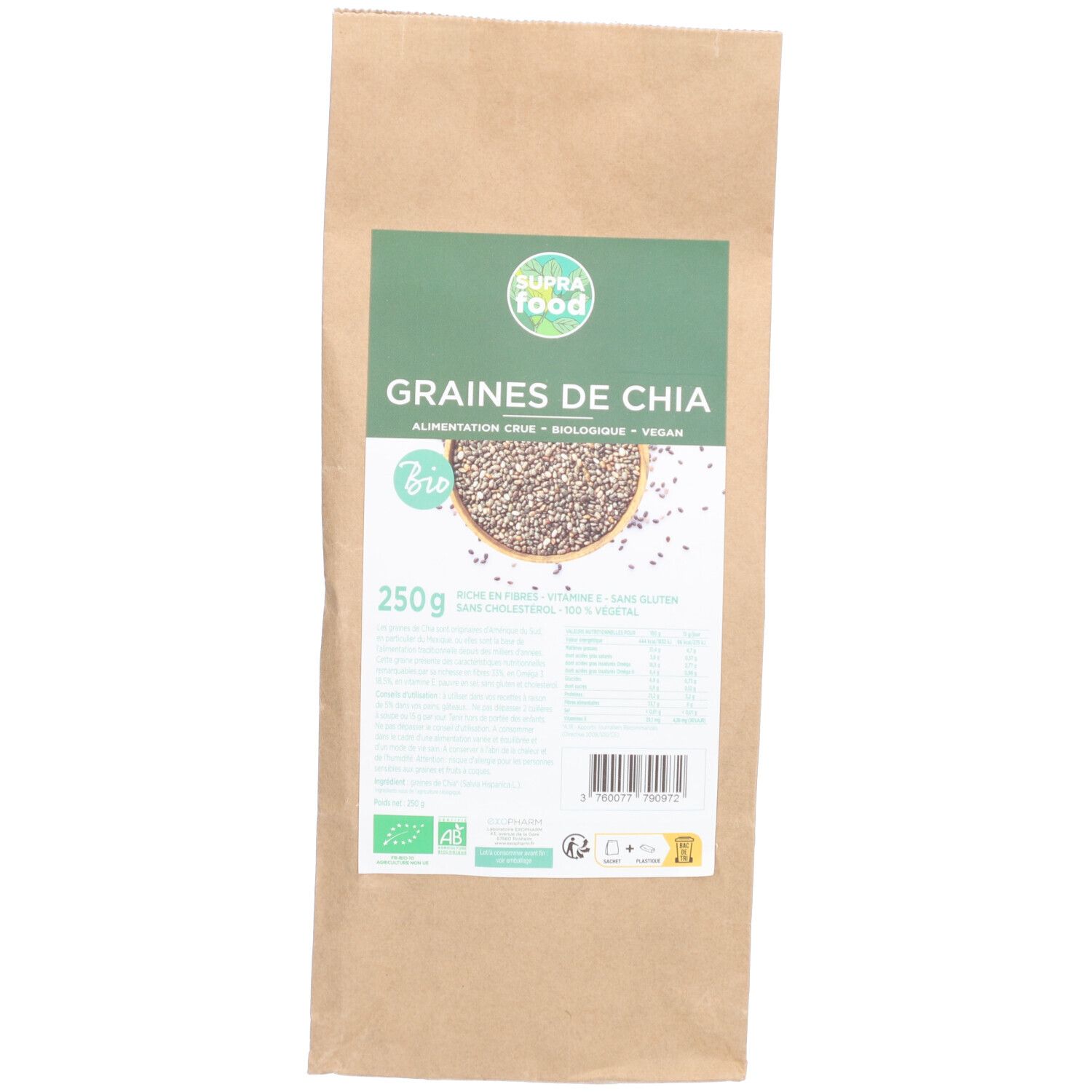Papiertüte mit Chia-Samen. Grün-weißes Etikett mit Produktname und Bio-Siegel. 250g Packung.