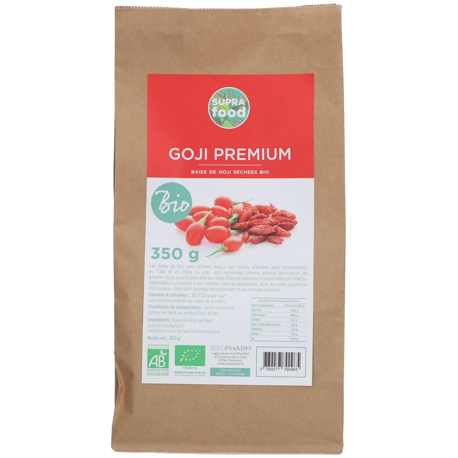 Sac en papier brun avec étiquette rouge. Inscription : Goji Premium Bio. Illustration de baies de goji. Label bio et informations nutritionnelles.