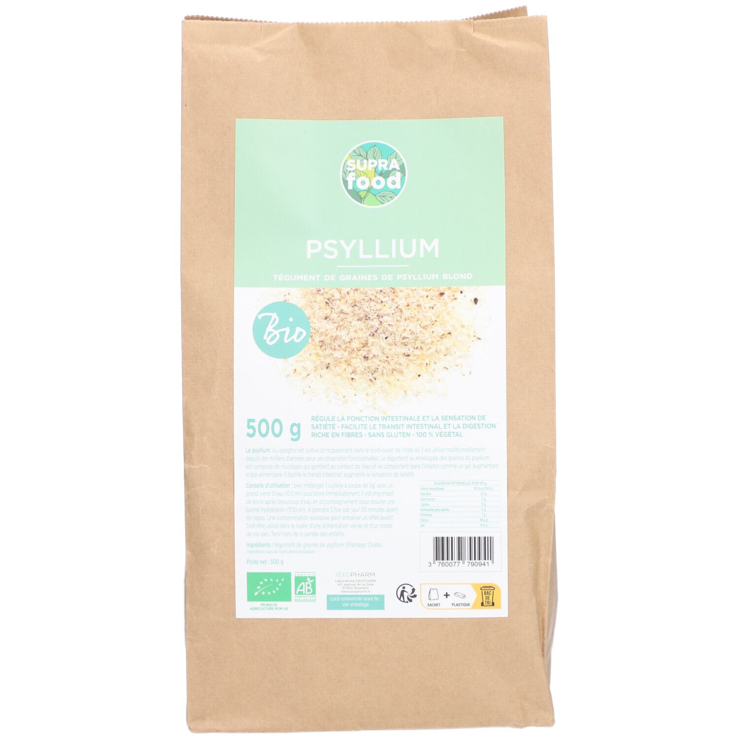Braune Papiertüte mit grünem Etikett. Etikett mit "Psyllium Bio", Inhaltsangaben und Zertifizierungen.