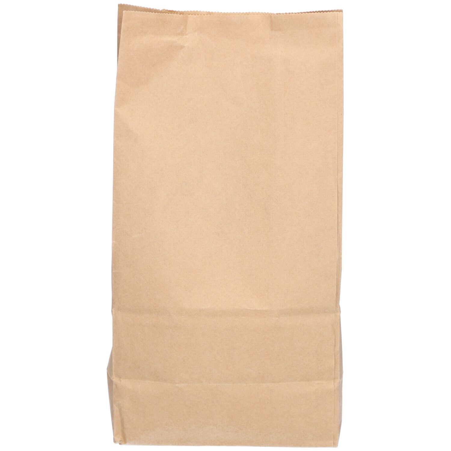 Leere, braune Papiertüte. Vorderansicht, rechteckige Form, gefaltet.