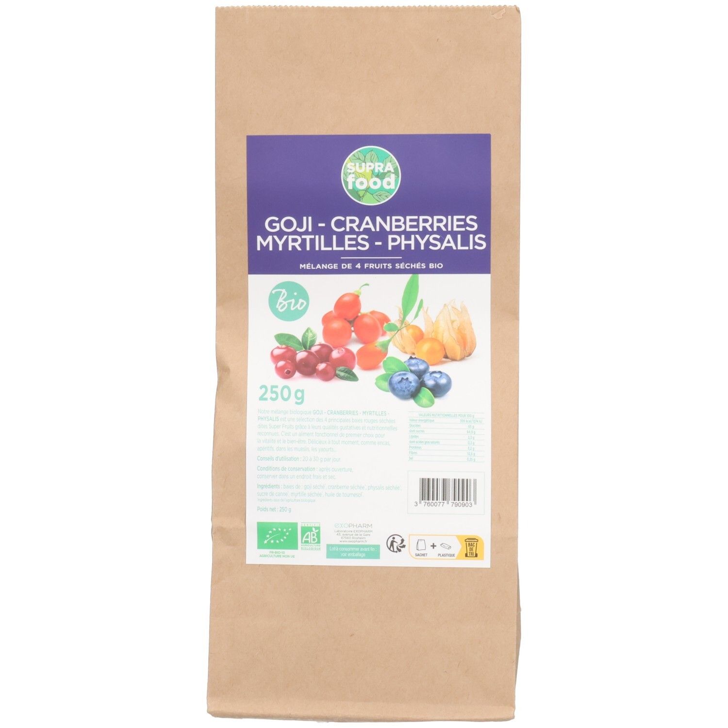 Beutel mit Aufdruck. Aufschrift: SUPRAFOOD, GOJI - CRANBERRIES, MYRTILLES - PHYSALIS. Bio-Siegel. 250g.