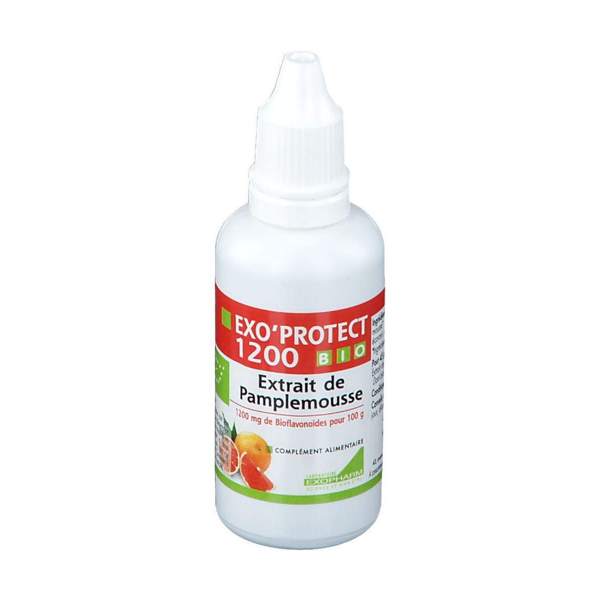 Flacon blanc avec compte-gouttes. Inscription: EXO'PROTECT 1200 BIO, Extrait de Pamplemousse. Image de pamplemousse.