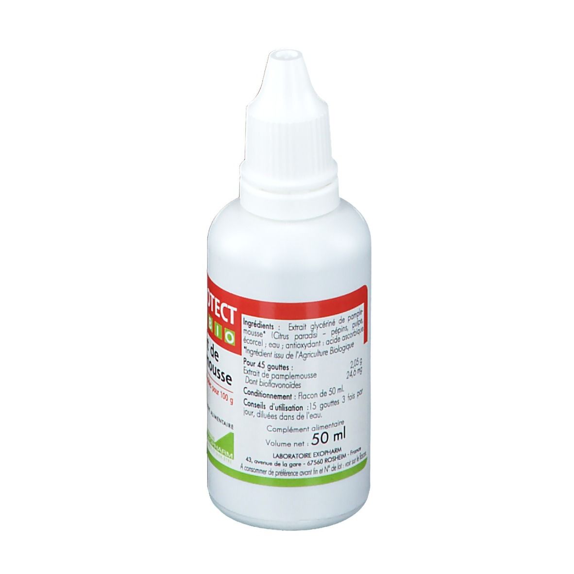 Flacon blanc avec compte-gouttes. Inscription: EXO'PROTECT 1200 BIO, Extrait de Pamplemousse. Dos avec ingrédients et volume.