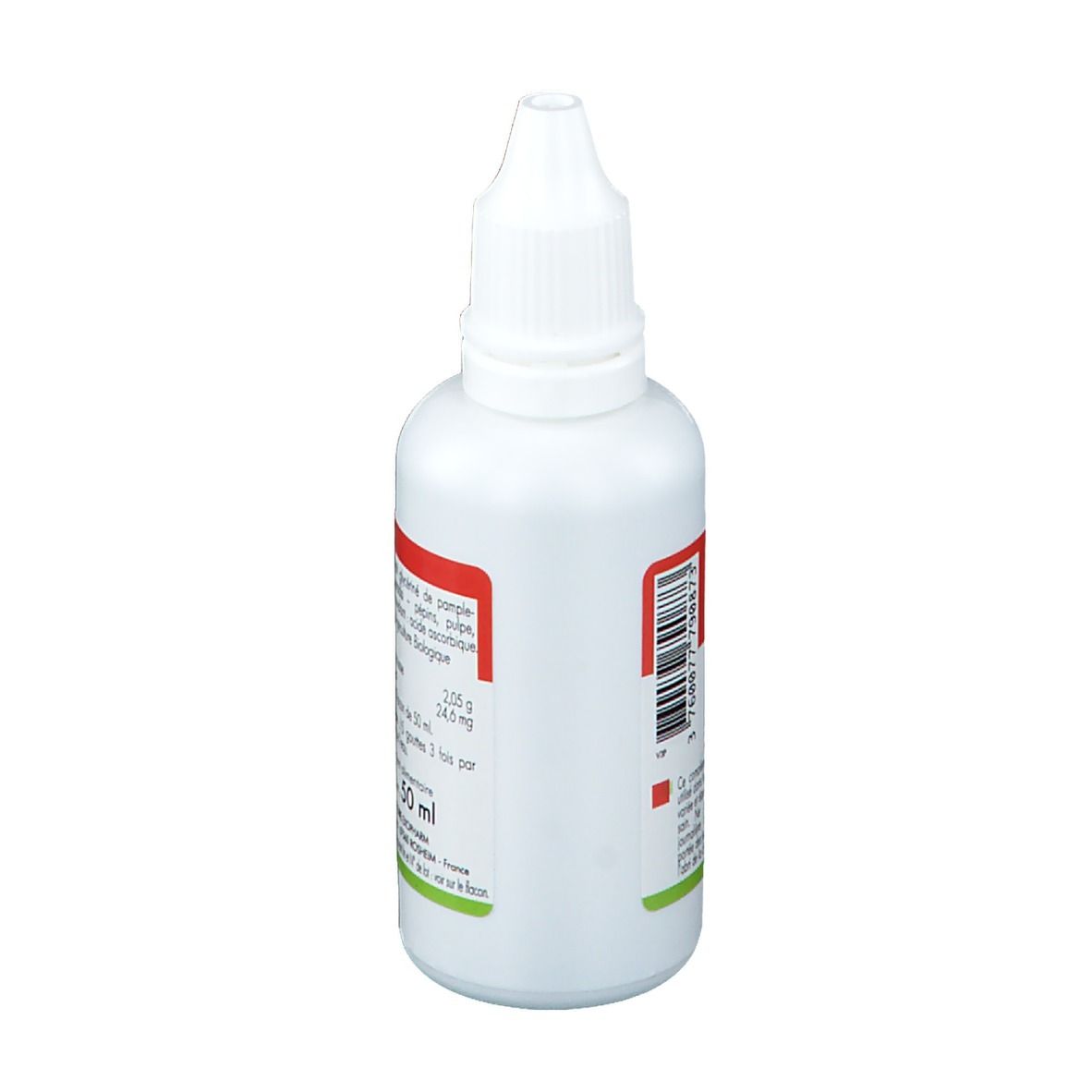 Flacon blanc avec compte-gouttes. Inscription: EXO'PROTECT 1200 BIO, Extrait de Pamplemousse. Vue latérale avec code-barres.