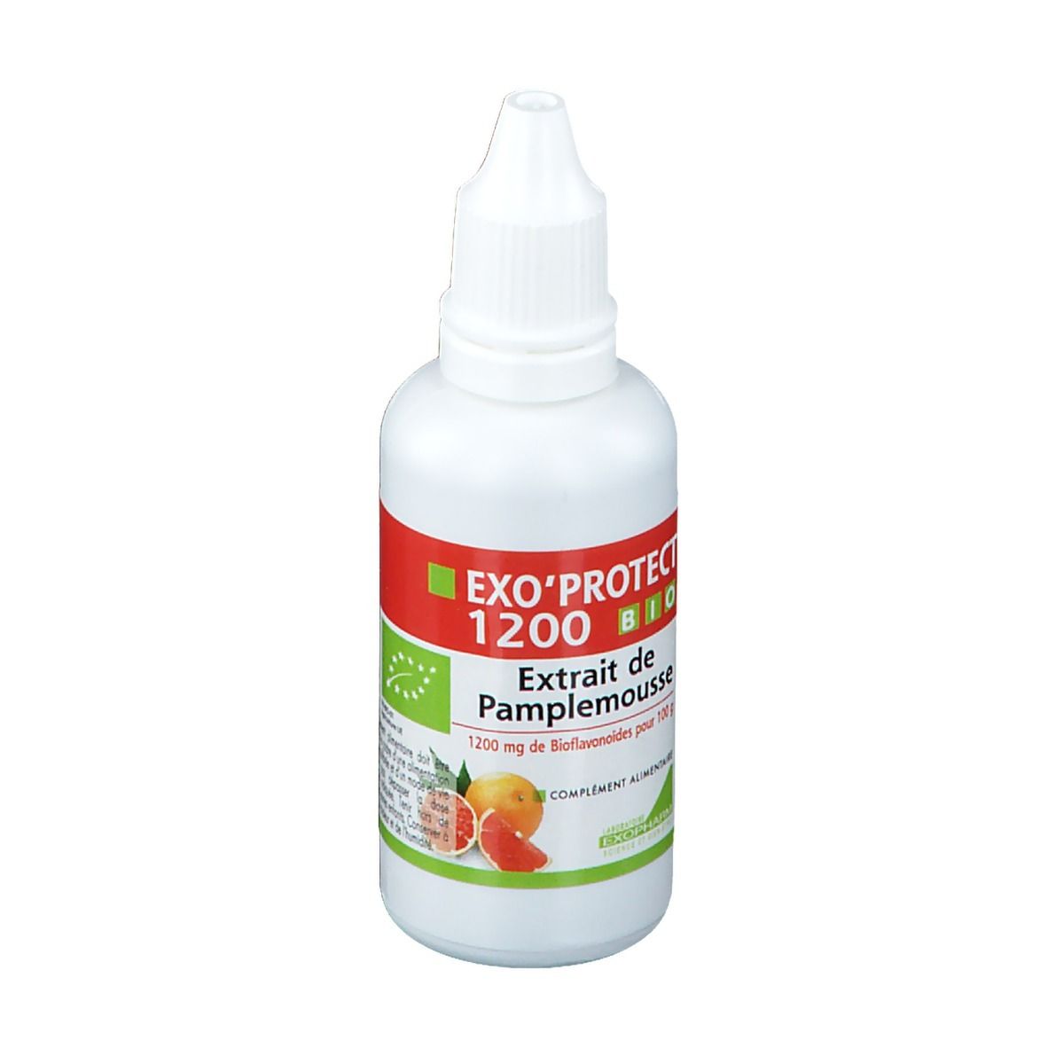 Flacon blanc avec compte-gouttes. Inscription: EXO'PROTECT 1200 BIO, Extrait de Pamplemousse. Image de pamplemousse.