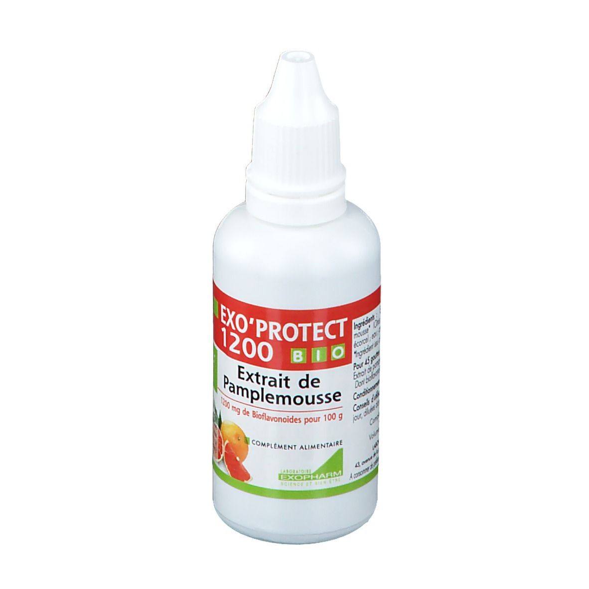 Flacon blanc avec compte-gouttes. Inscription: EXO'PROTECT 1200 BIO, Extrait de Pamplemousse. Image de pamplemousse.