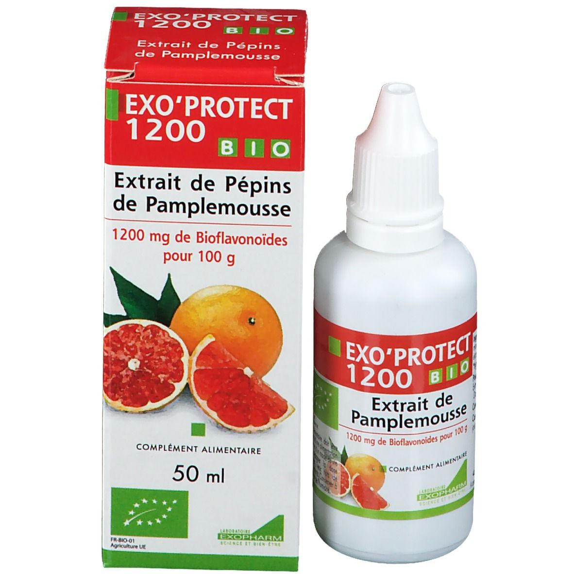 Emballage et flacon. Inscription: EXO'PROTECT 1200 BIO, Extrait de Pépins de Pamplemousse. Image de pamplemousse.