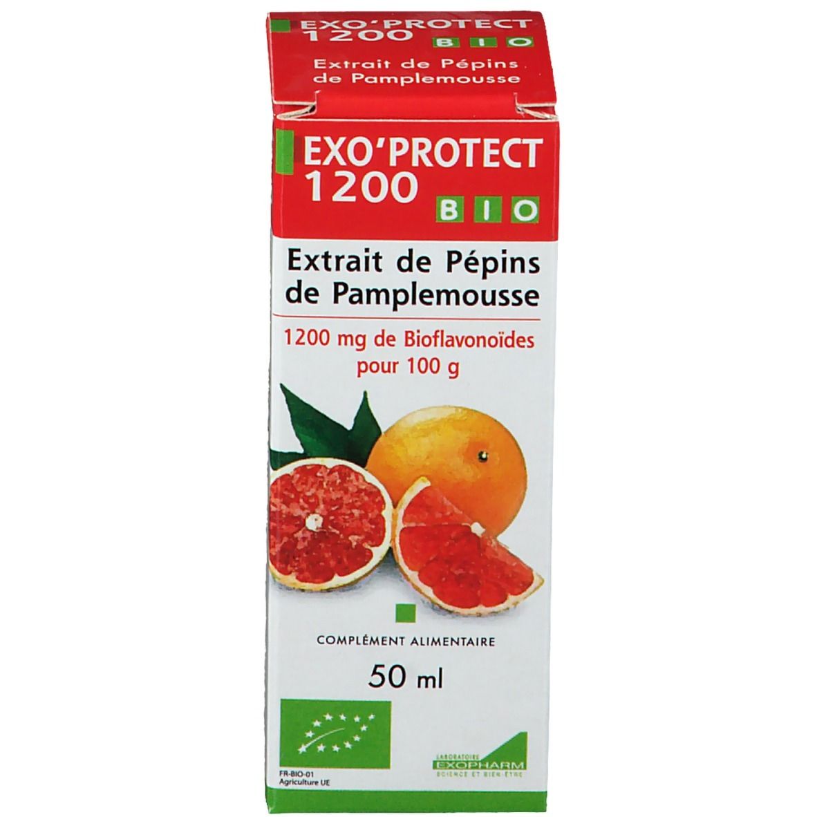 Emballage du produit. Inscription: EXO'PROTECT 1200 BIO, Extrait de Pépins de Pamplemousse. Image de pamplemousse.