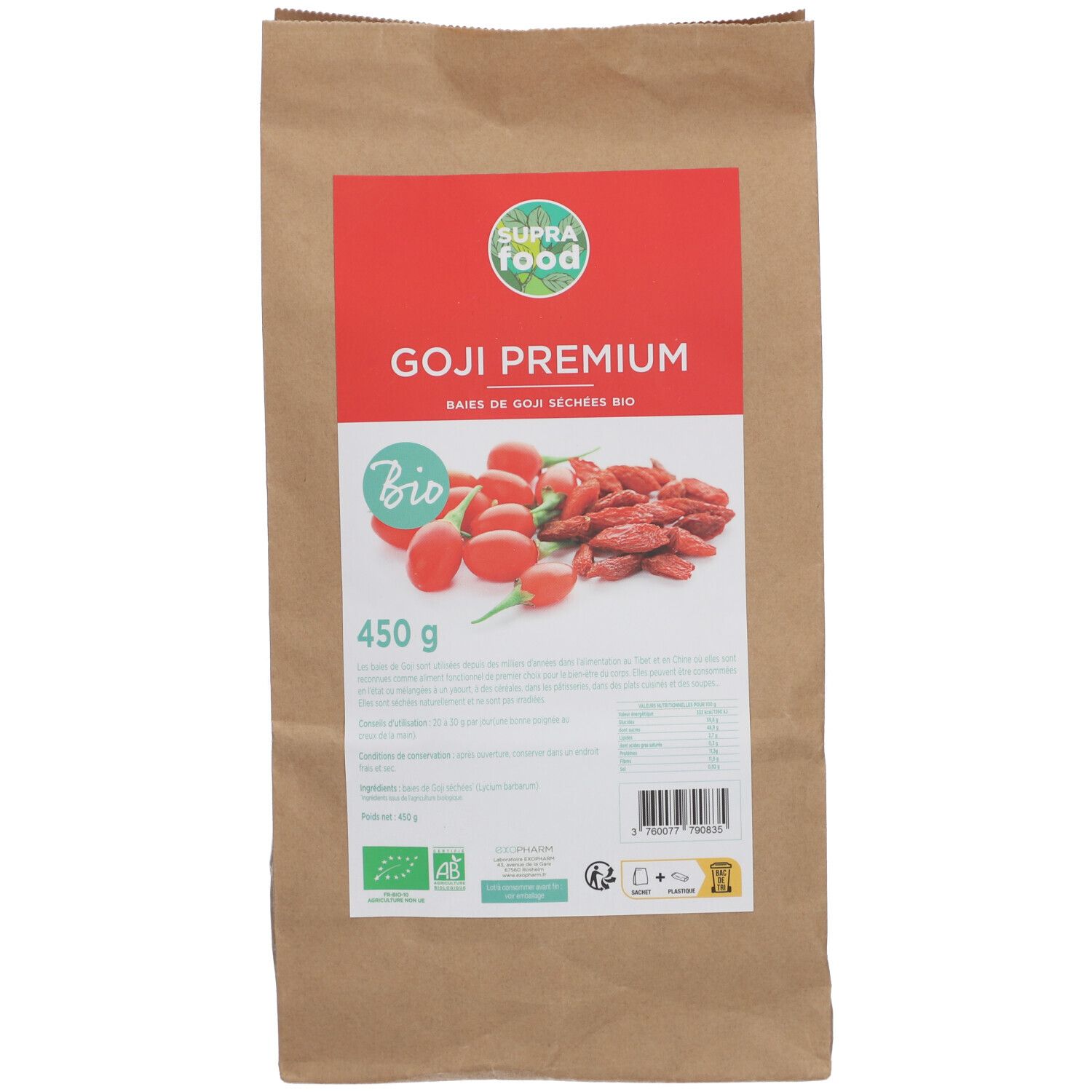 Braune Papiertüte mit rotem Etikett. Aufschrift: GOJI PREMIUM, Bio-Zertifizierung, Abbildung von Goji-Beeren. 450 g.