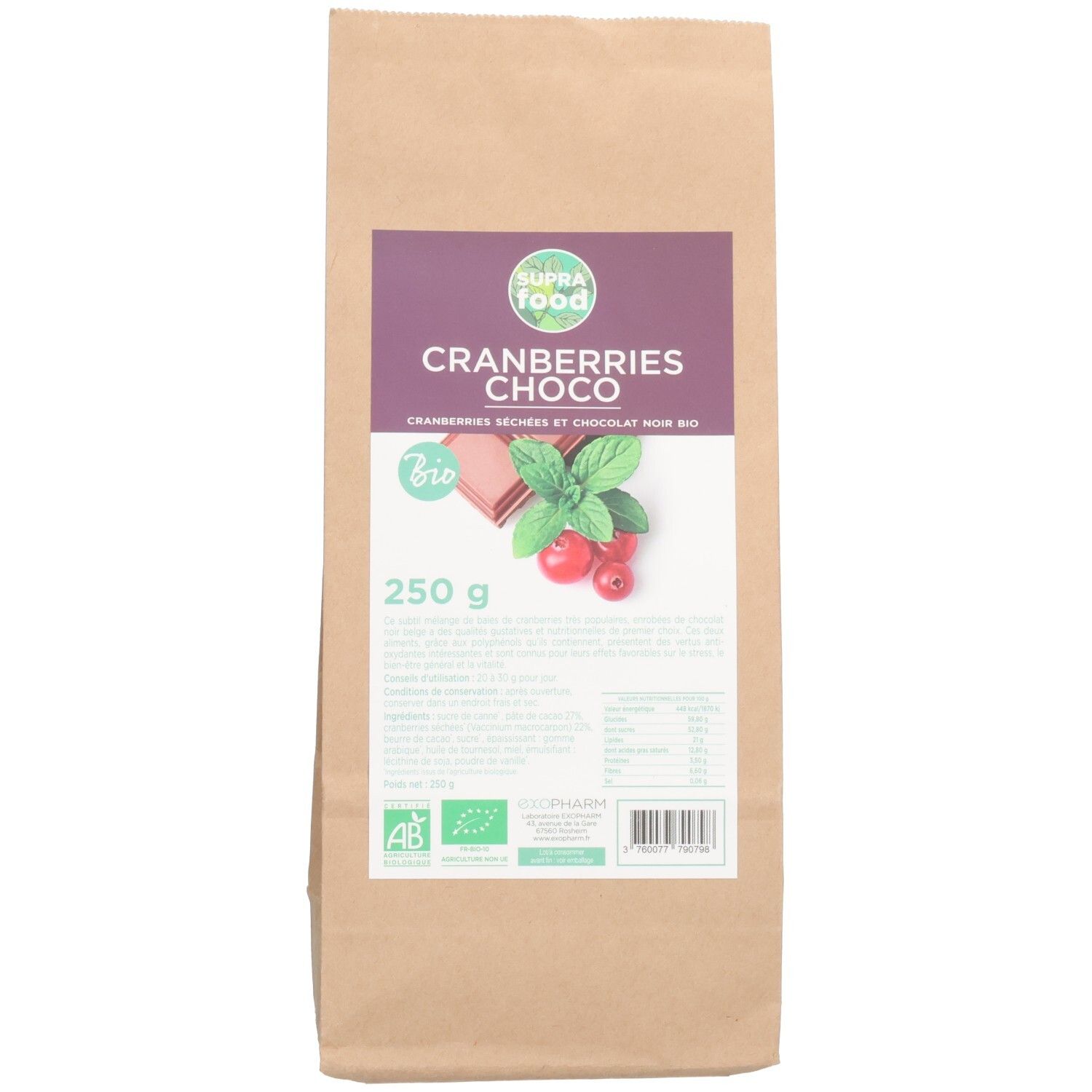 Braune Papiertüte mit Produktetikett. Etikett mit Produktname, Cranberries, Schokolade, Bio-Siegel und 250g.
