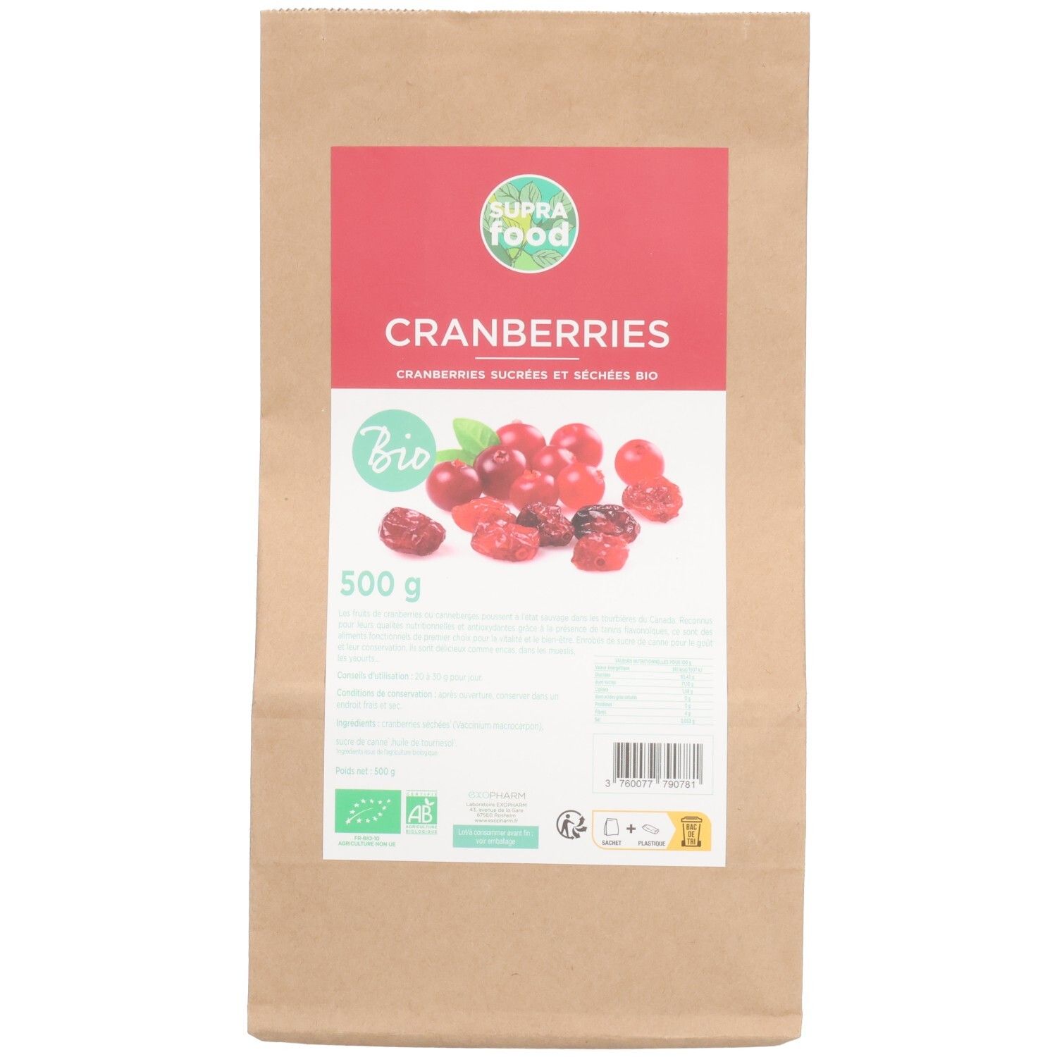Beutel mit SUPRAFOOD CRANBERRIES BIO. Roter Aufdruck mit Produktname und Cranberry-Abbildung. Bio-Siegel und 500g-Angabe.