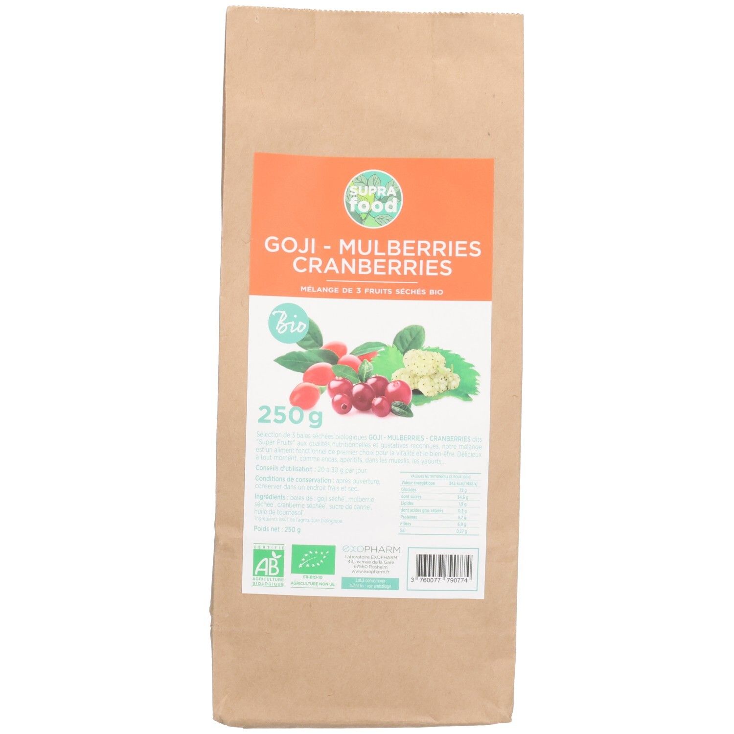 Braune Papiertüte mit Aufdruck. Etikett mit Produktnamen, Zutaten und Bio-Siegel. 250g Packung.