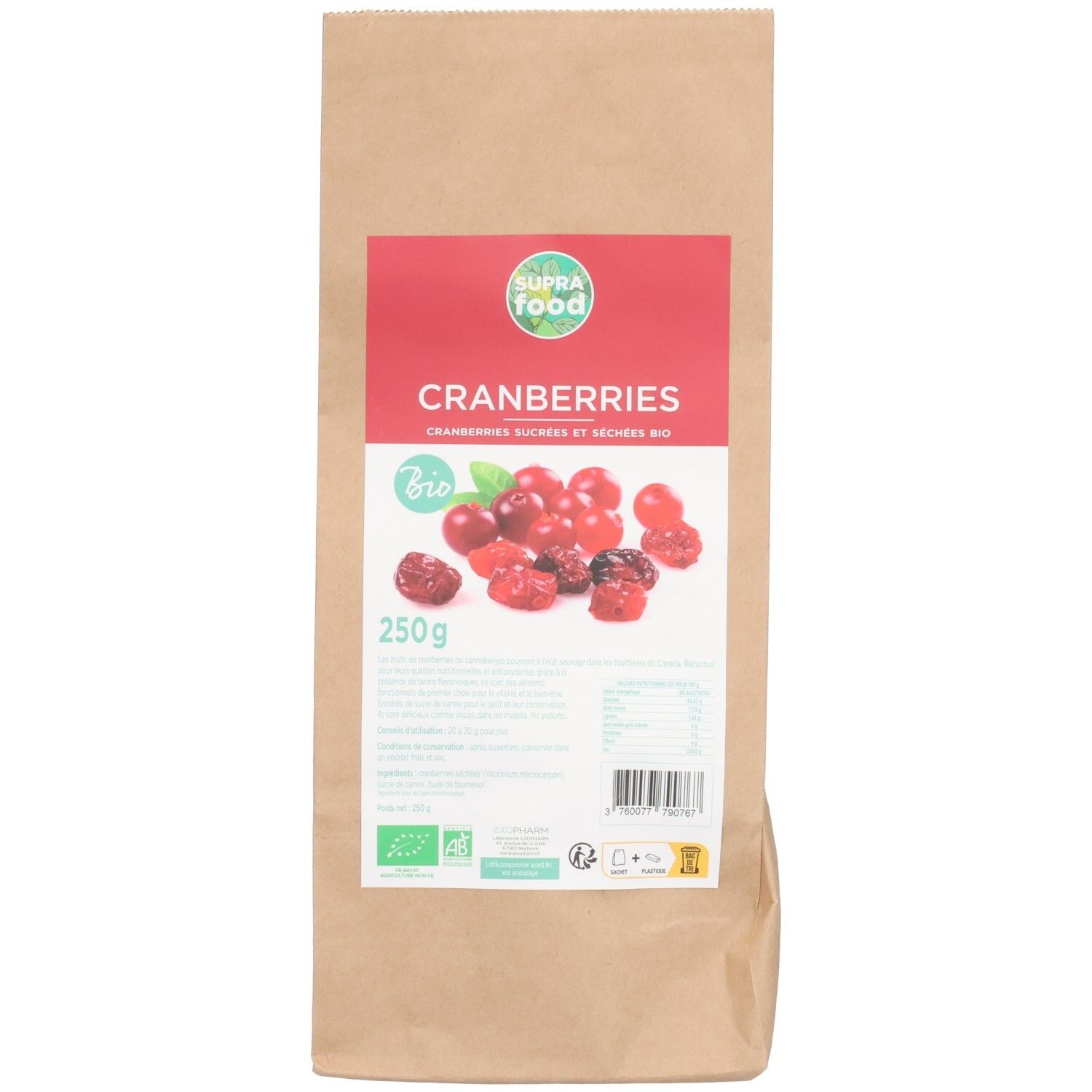 Beutel mit Cranberries. Rotes Etikett mit Produktname, Marke und Bio-Siegel. 250g.