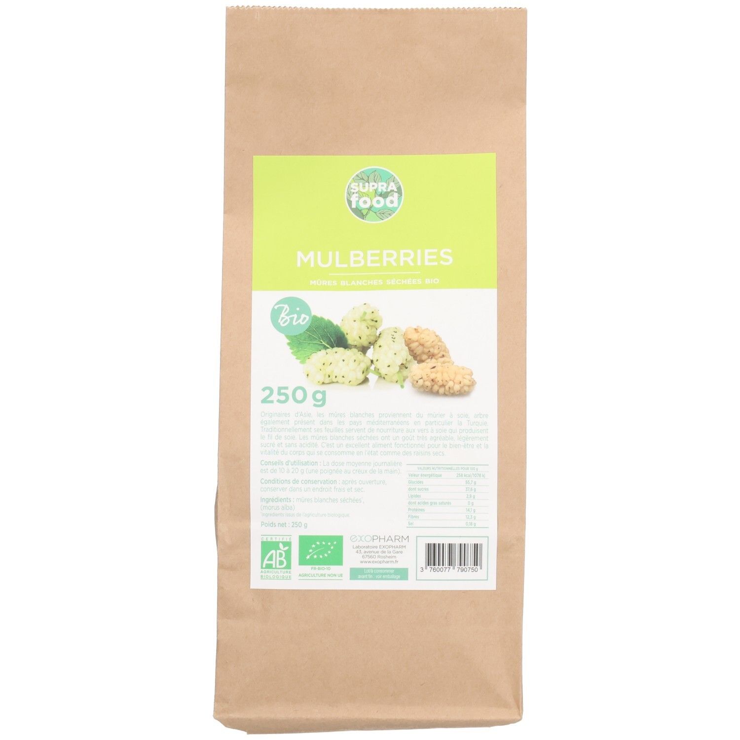 Beutel mit SUPRAFOOD MULBERRIES BIO. Aufdruck: 250g, Bio-Siegel, grüne Schrift. Getrocknete Maulbeeren abgebildet.