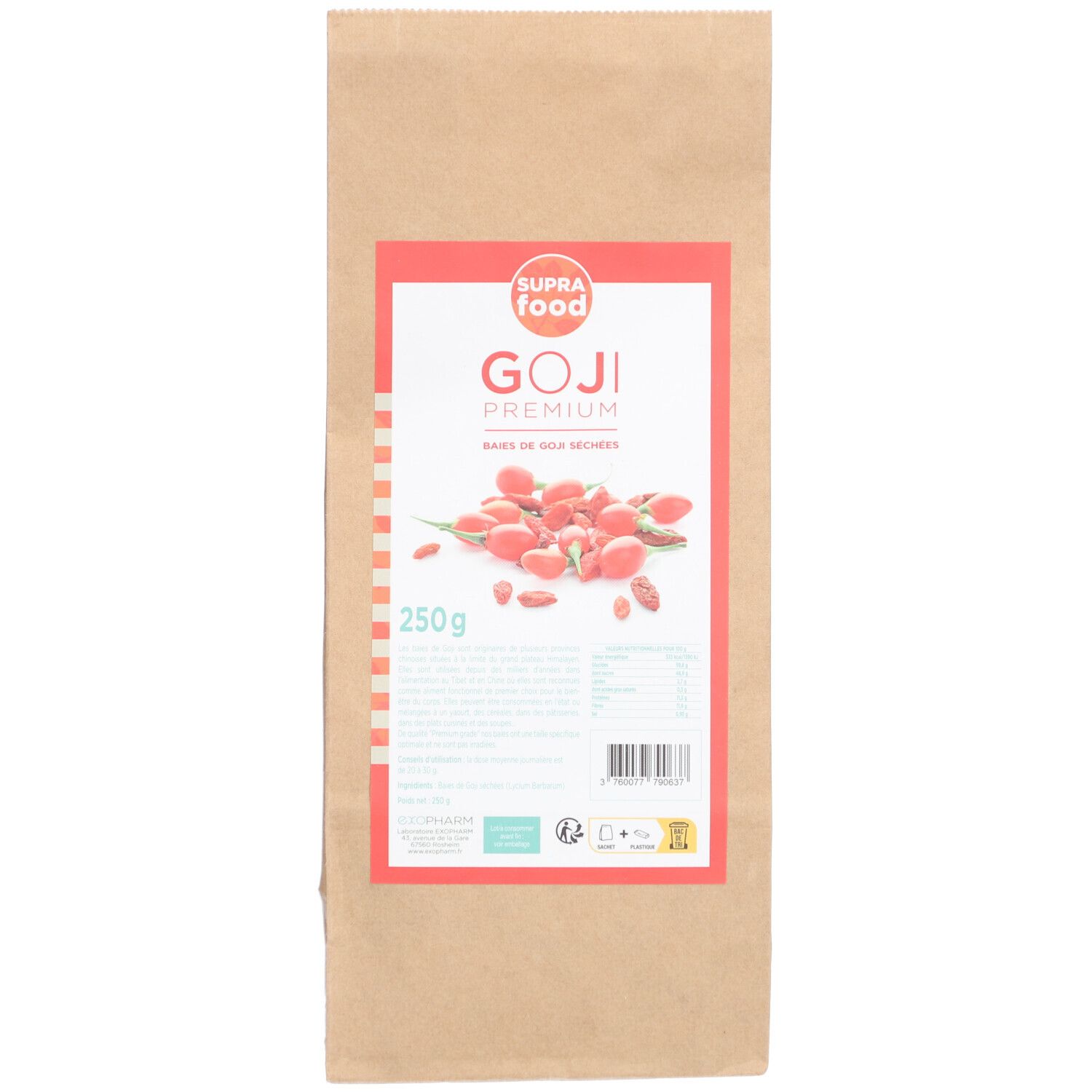 Braune Papiertüte mit rotem Etikett. Aufschrift: GOJI Premium, 250g. Abbildung von Goji-Beeren.