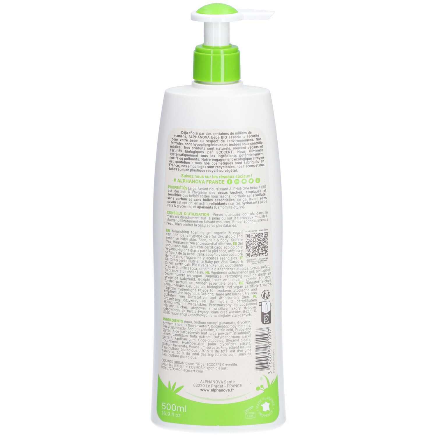 Weißes Waschgel mit grünem Pumpkopf. Text auf der Flasche. 500ml. ALPHANOVA Baby.