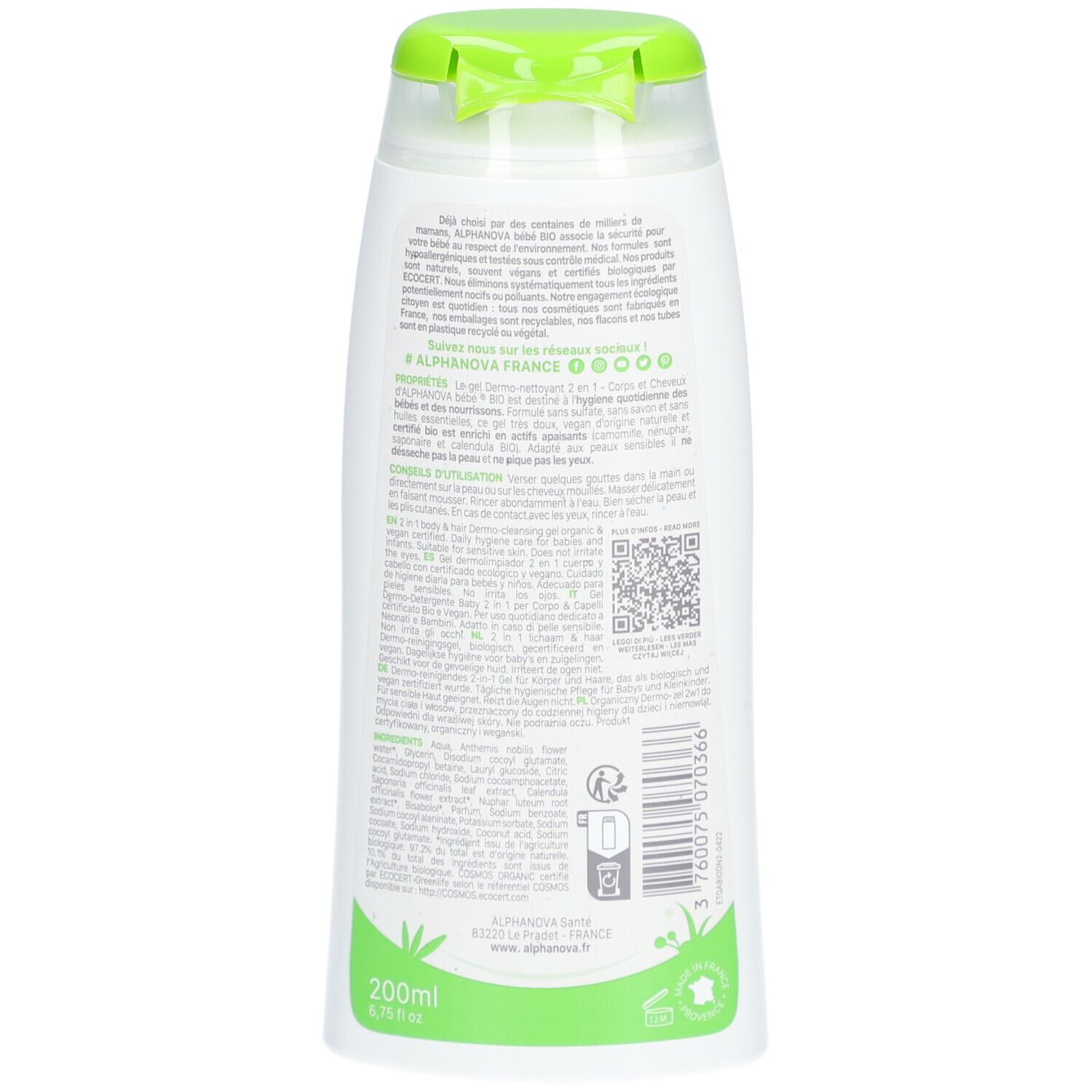 Dos du flacon. Texte multilingue. Bouchon vert. 200ml. Certification Bio.