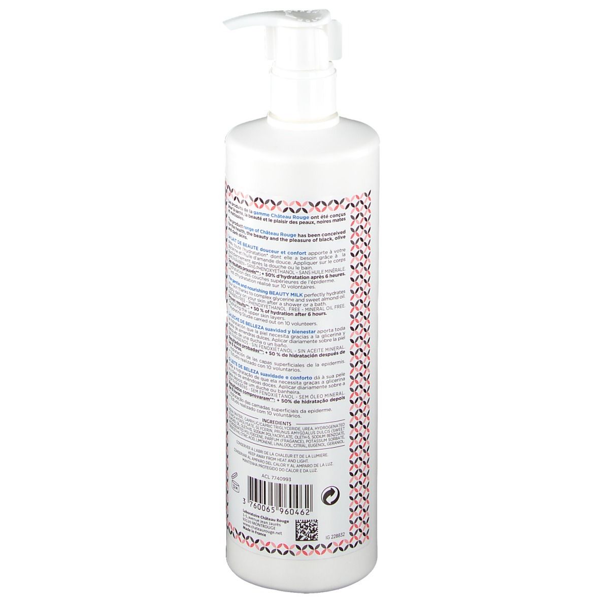 Flacon blanc avec pompe. Dos avec texte et motif. Nom du produit non visible.