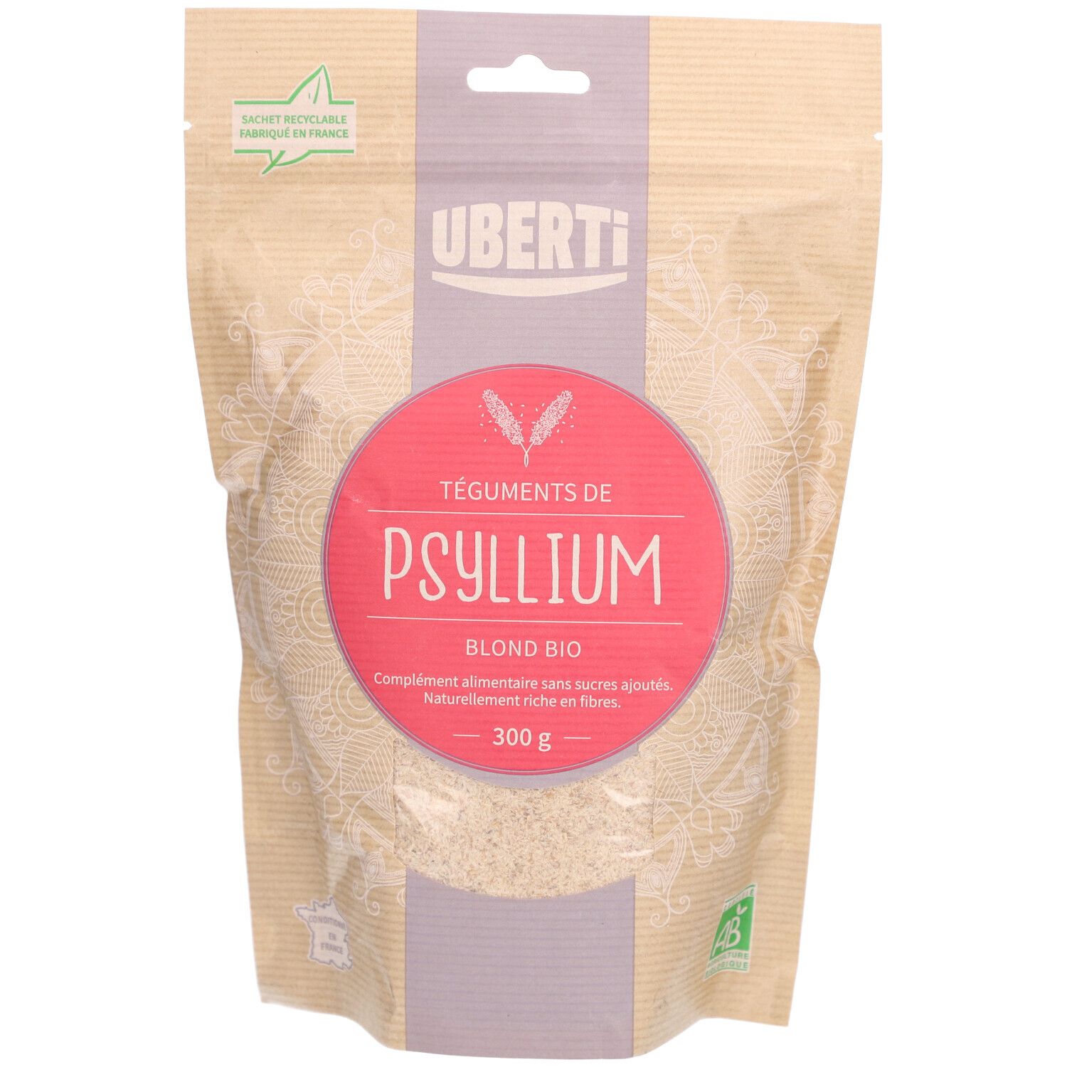 Sachet de Psyllium Blond Bio. Cercle rose avec texte. Logo Uberti. 300 g.