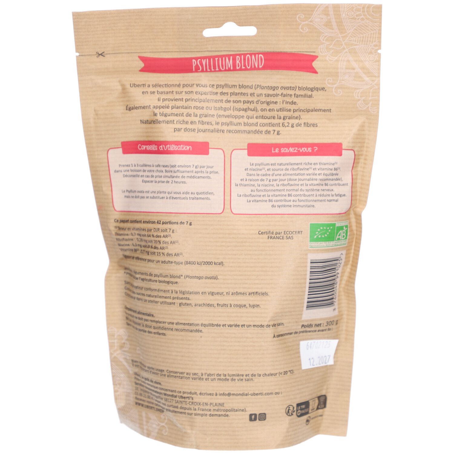 Dos du sachet Psyllium Blond Bio. Texte, informations nutritionnelles, label bio.