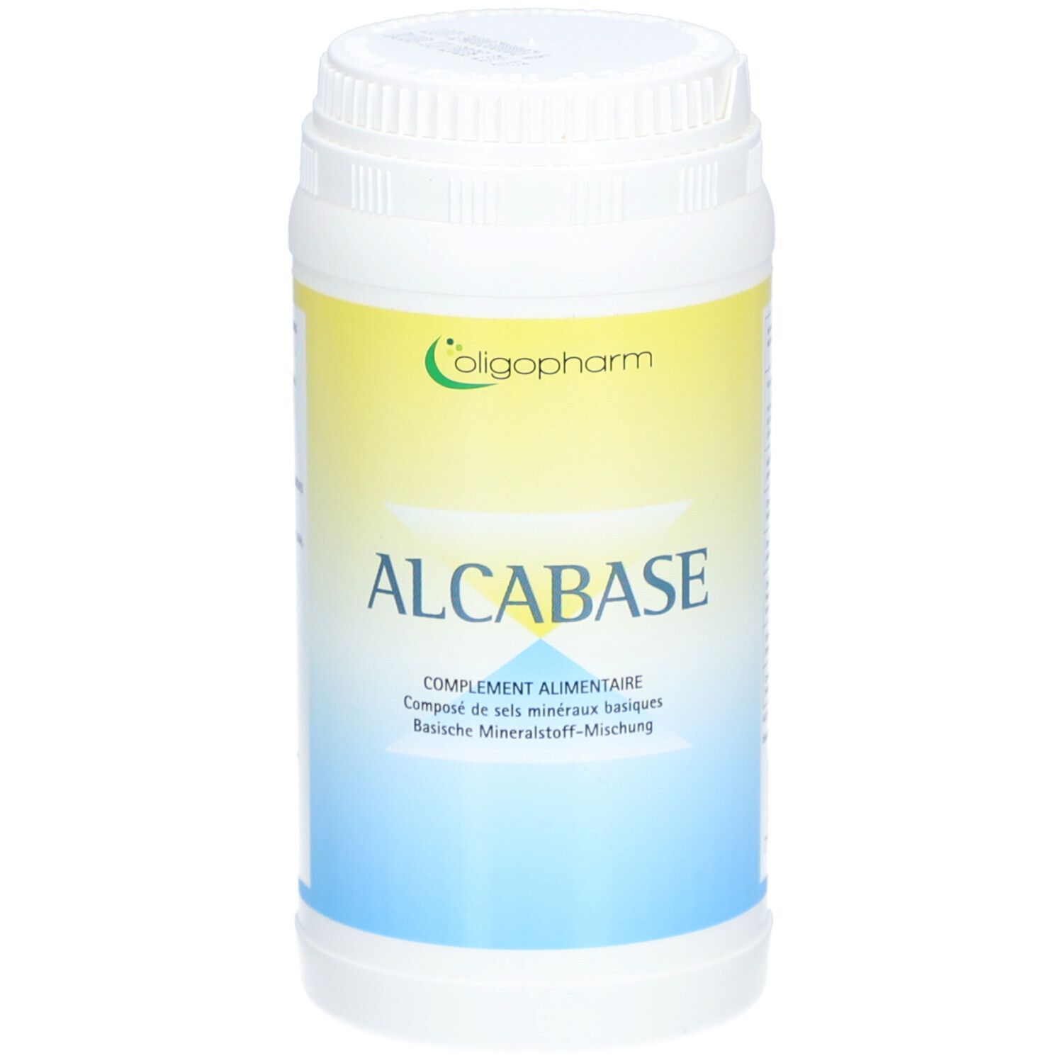 Flacon blanc, étiquette jaune et bleue. Inscription ALCABASE, logo Oligopharm. Complément alimentaire.